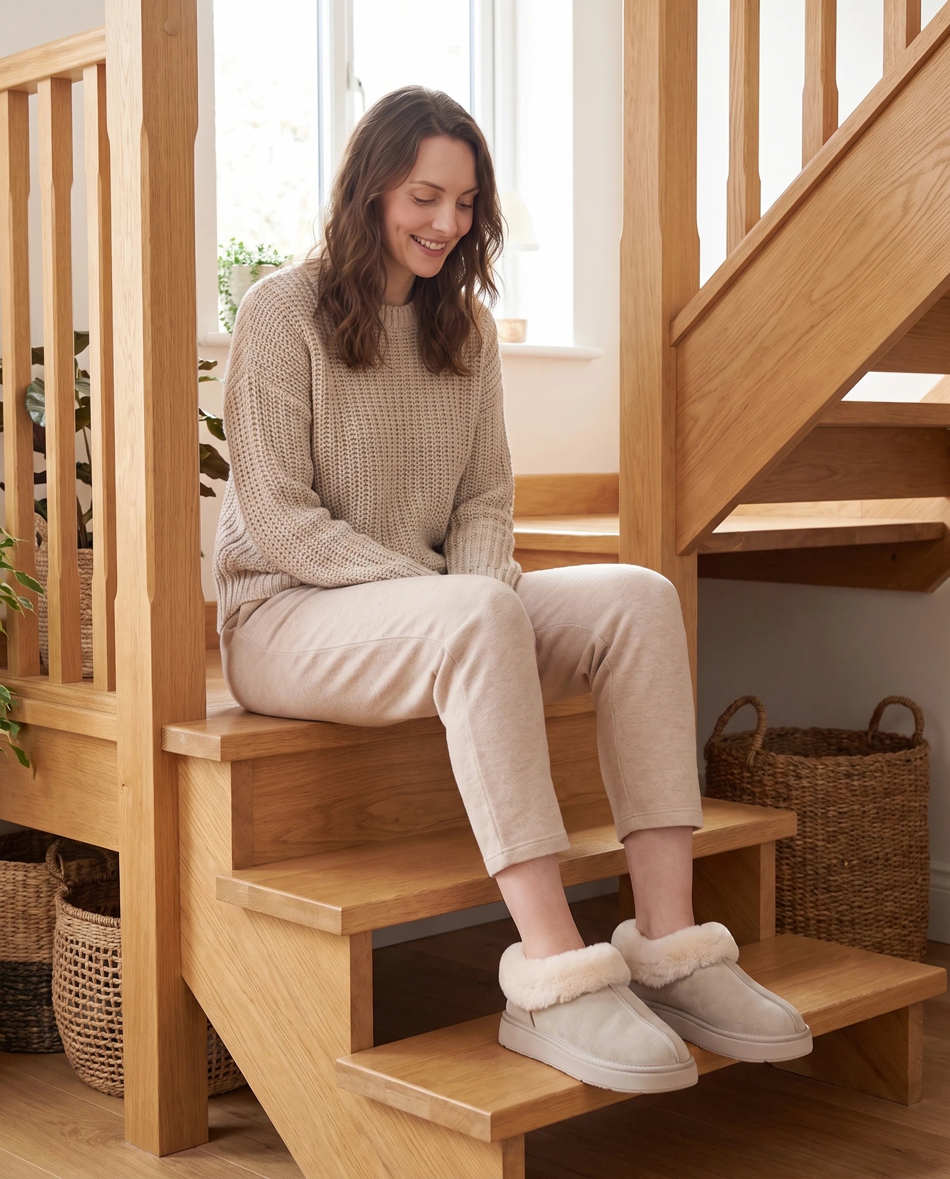 Chaussons bottines en peluche Roselène — Beige, portés à la maison