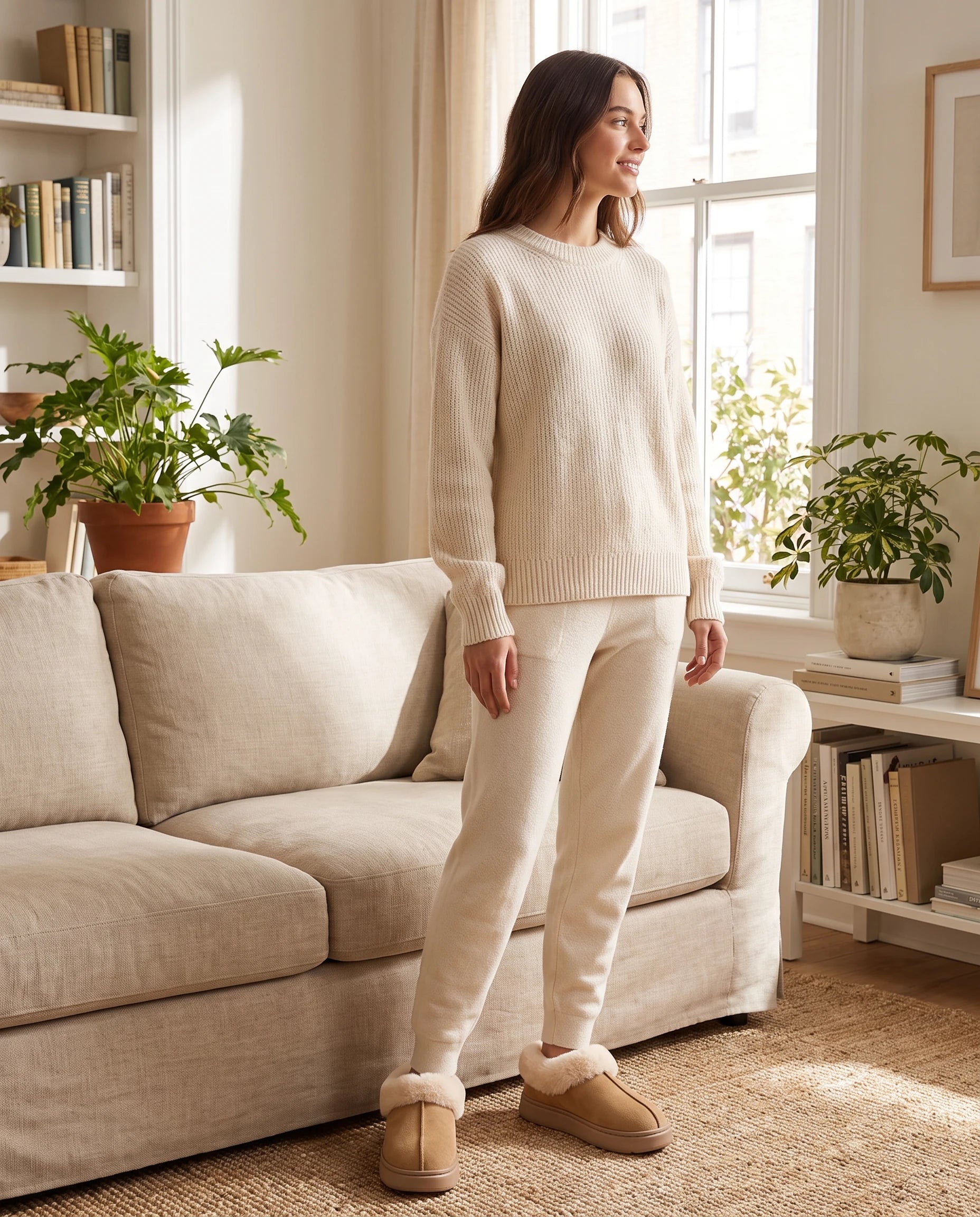 Chaussons bottines en peluche Roselène — Camel, portés à la maison