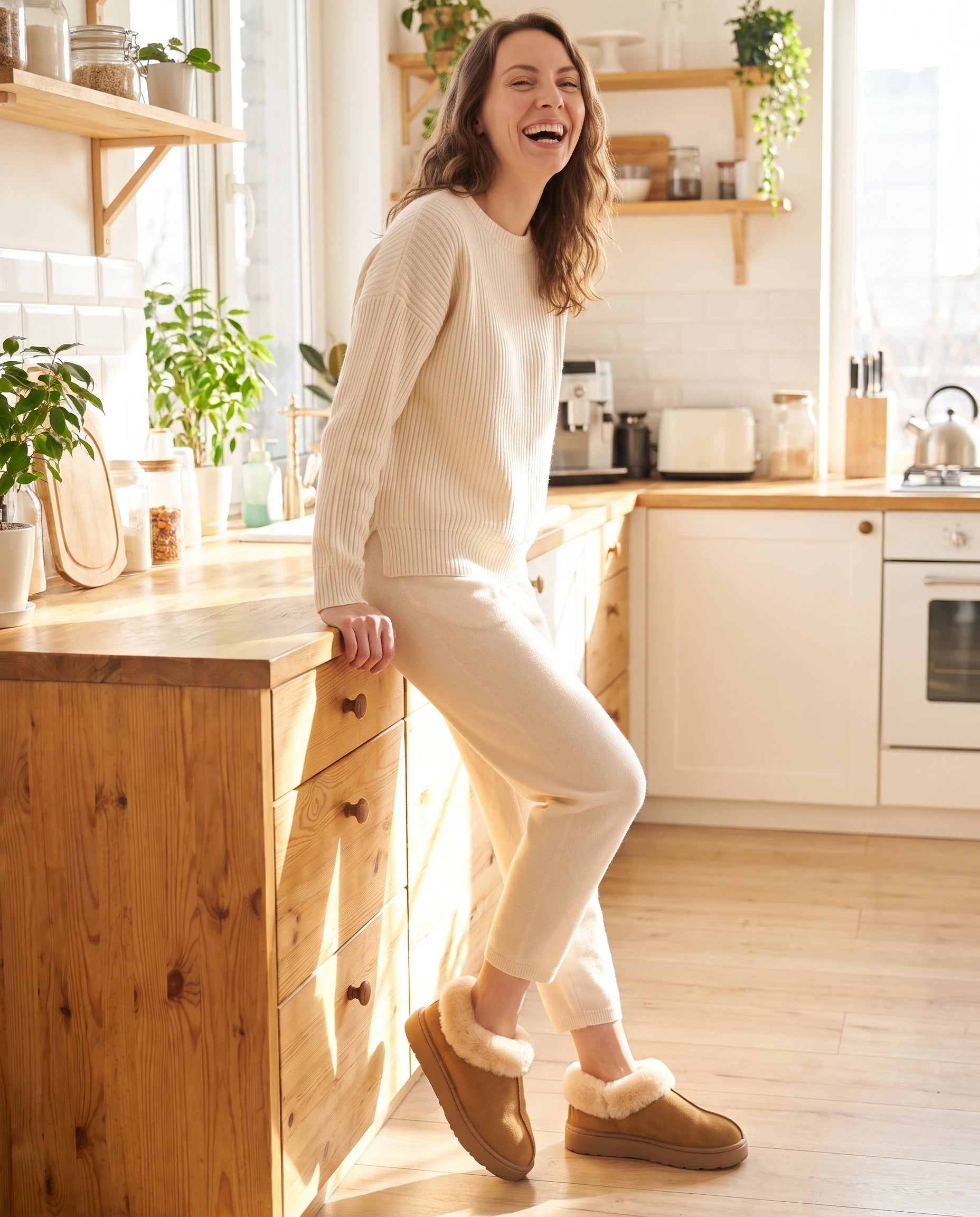Chaussons bottines en peluche Roselène — Camel, portés en intérieur