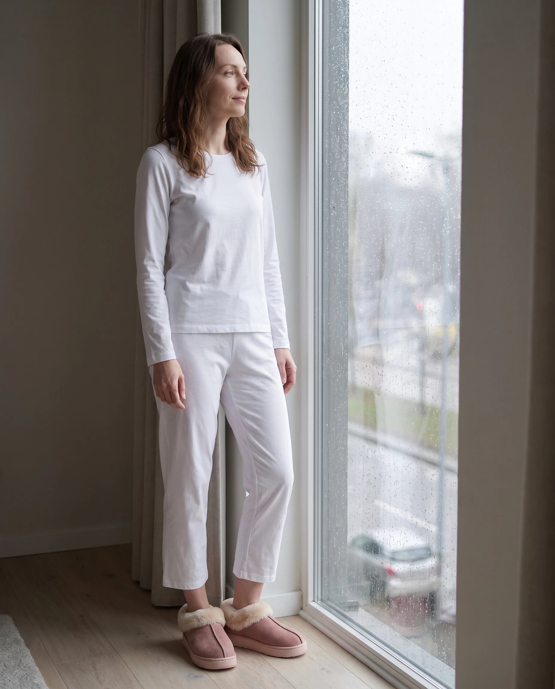 Chaussons bottines en peluche Roselène — Rose, portés en intérieur
