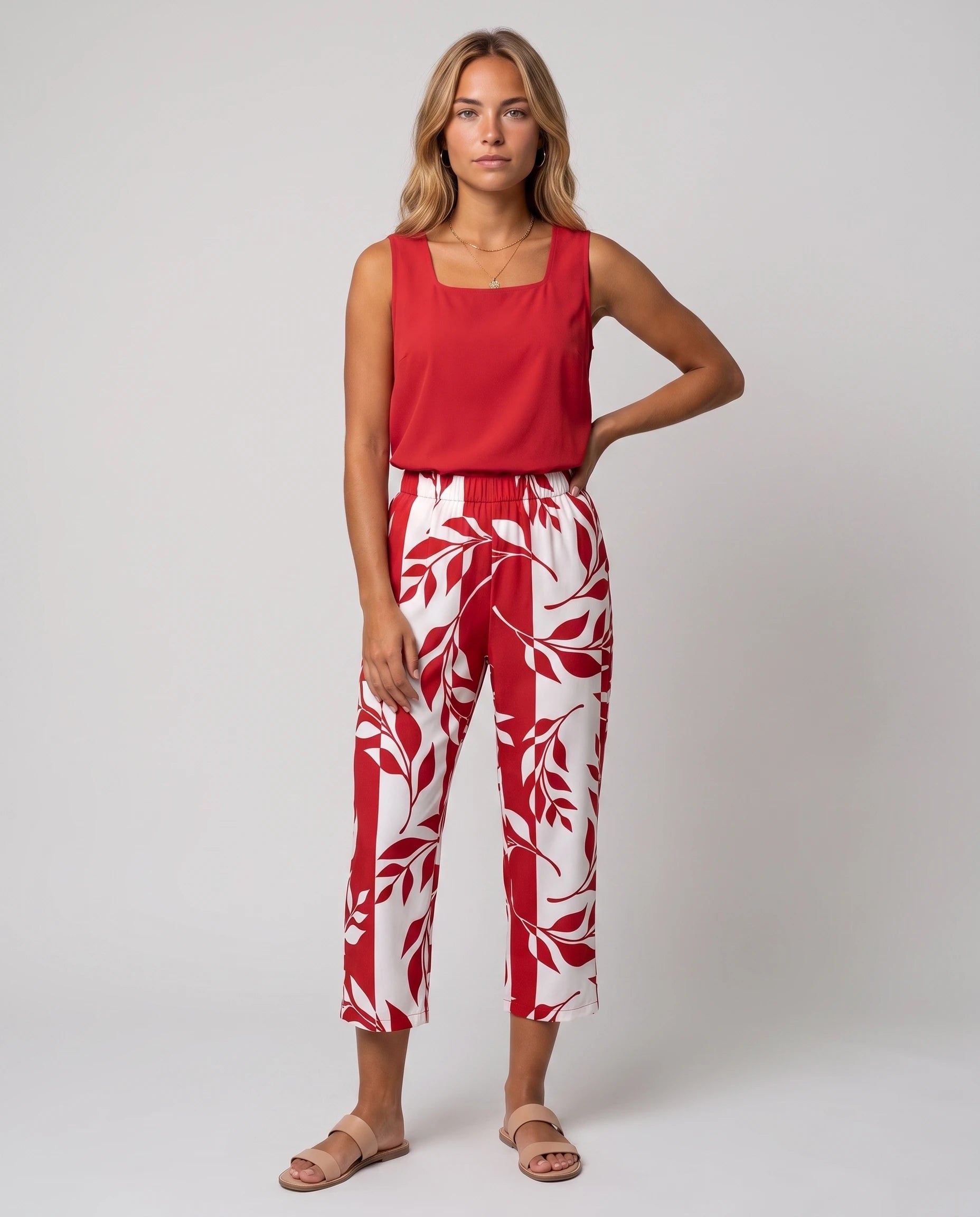 Ensemble top col carré et pantalon capri imprimé Clotilde — Rouge — vue face studio