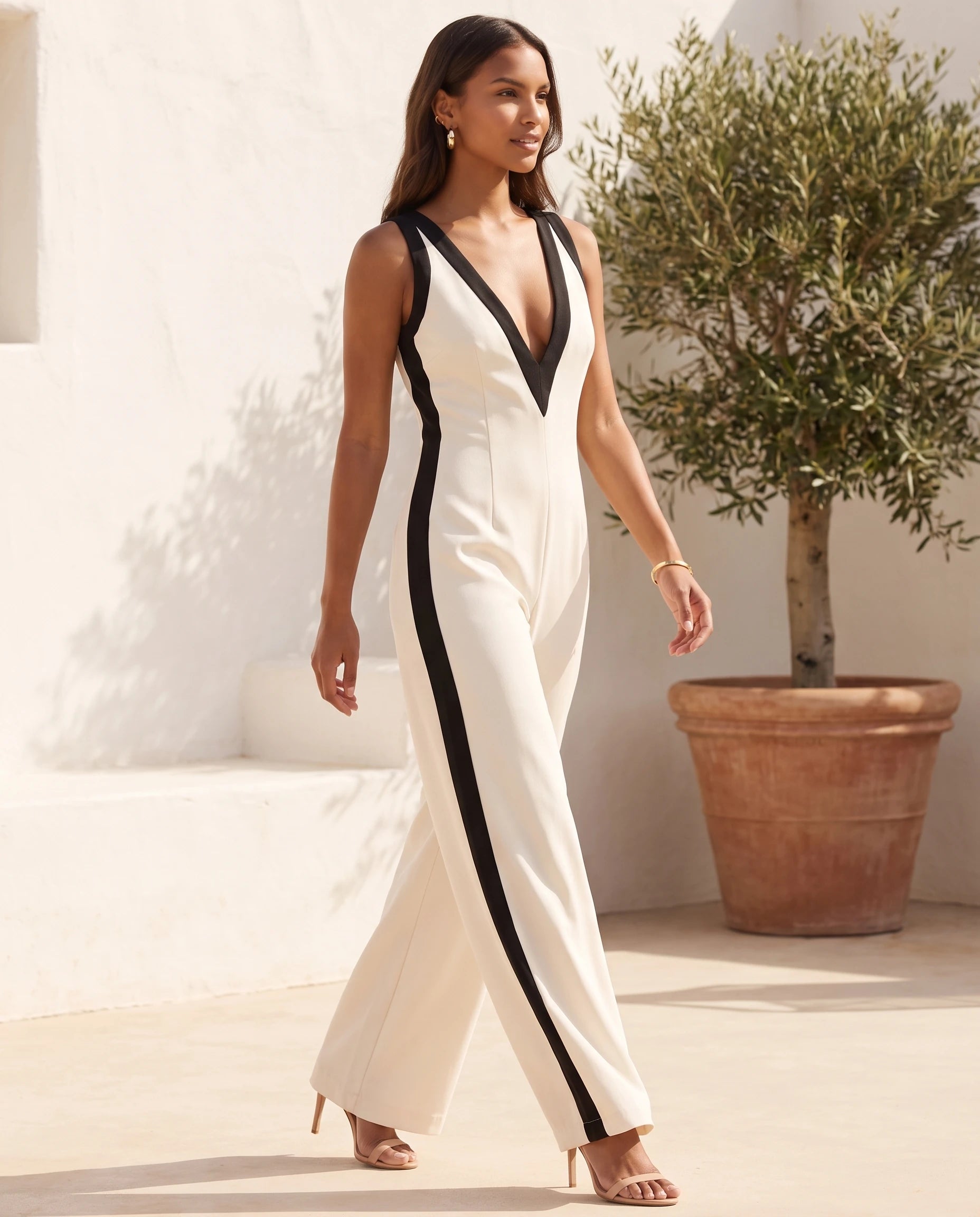 Combinaison large bicolore col V Adrienne, coloris Blanc, terrasse mediterraneenne