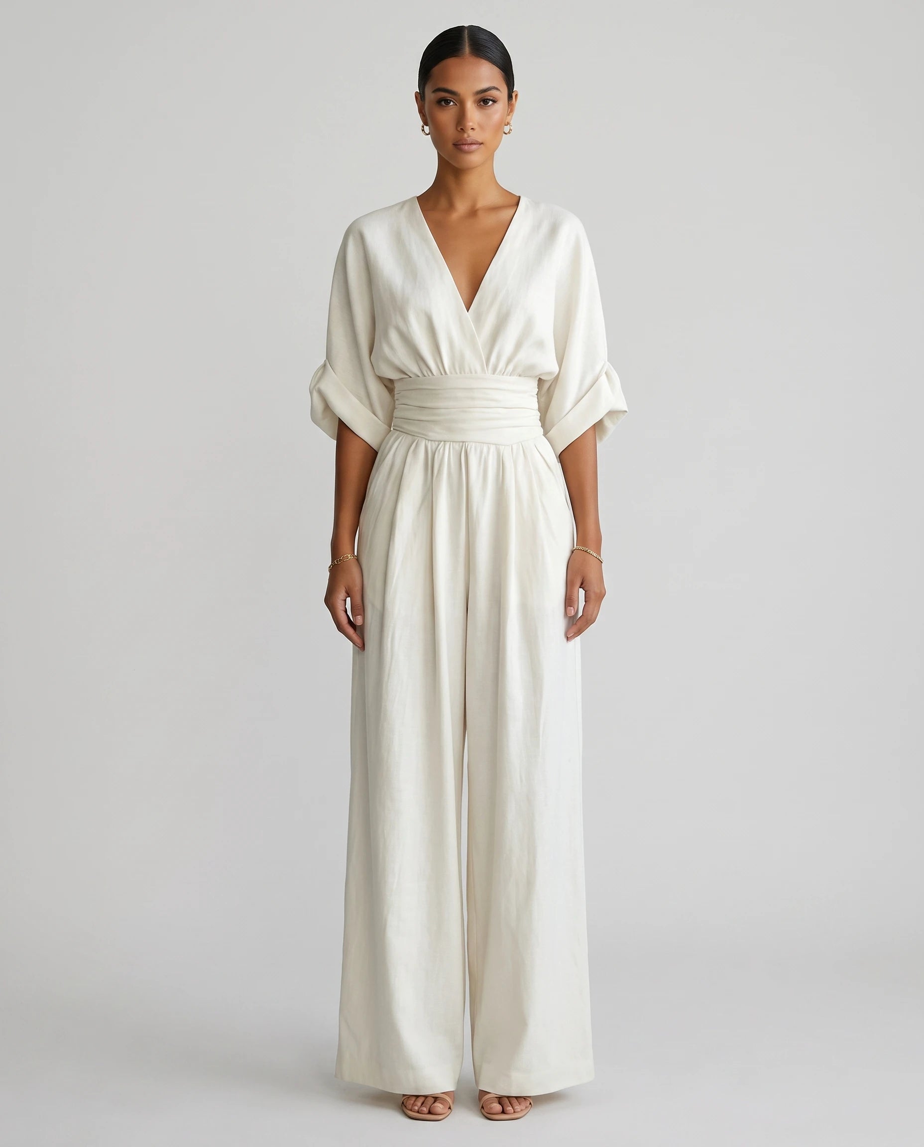 Combinaison habillee jambe large Blanc, vue de face studio - Ophelie | Zolena