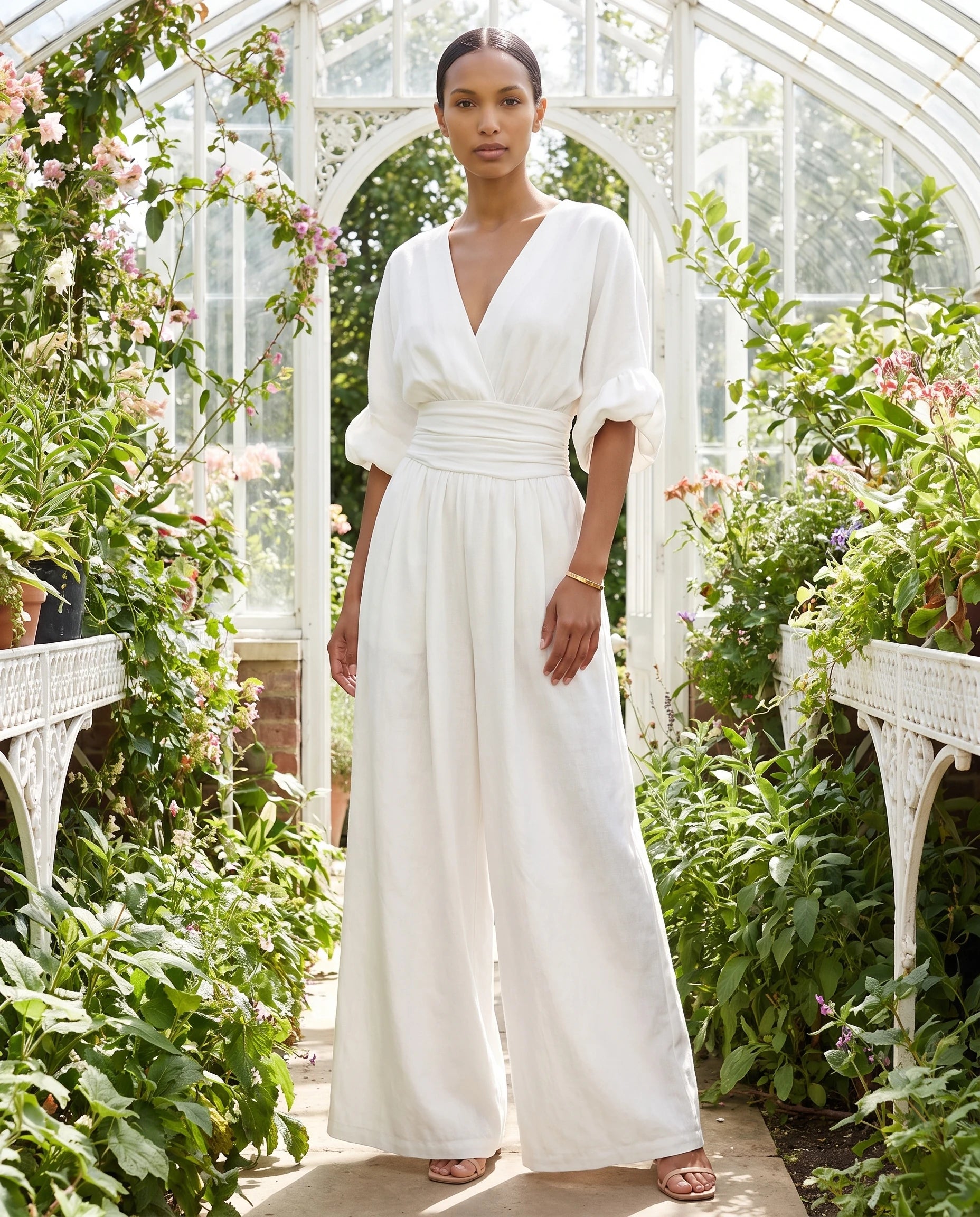 Combinaison large col V Blanc portee dans une orangerie lumineuse - Eulalie | Zolena