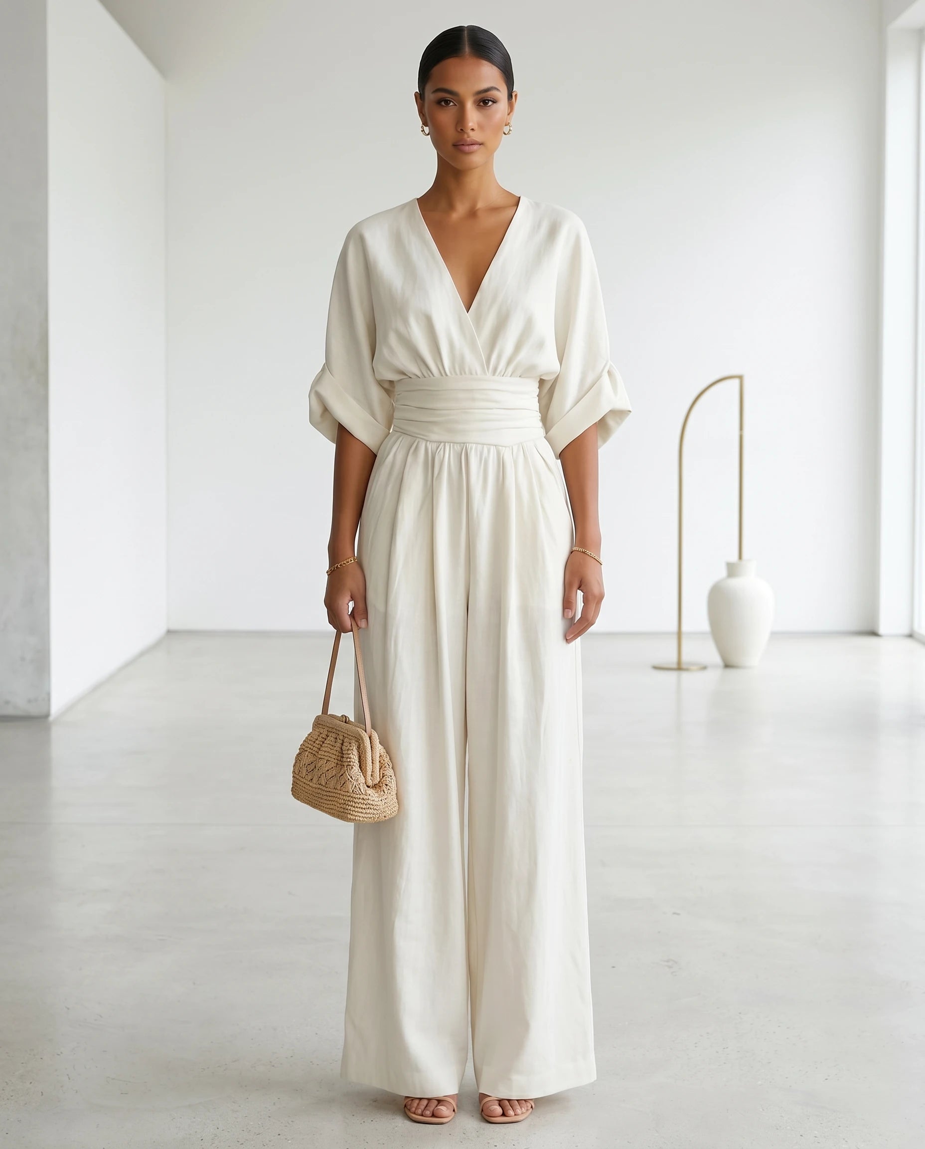 Combinaison habillee jambe large Blanc portee dans une galerie blanche - Ophelie | Zolena