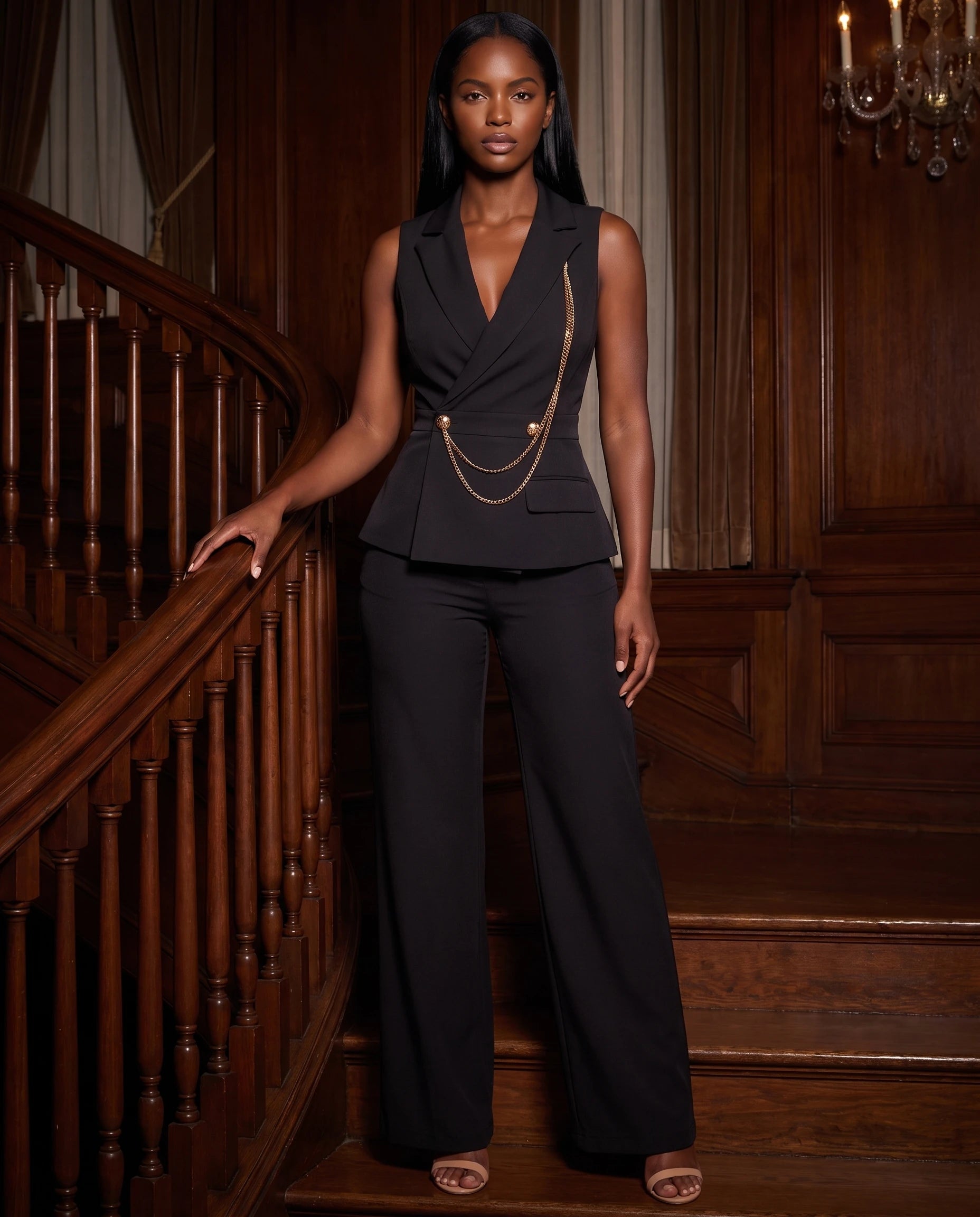 Combinaison blazer chic Hermance noire portee pres d un escalier le soir