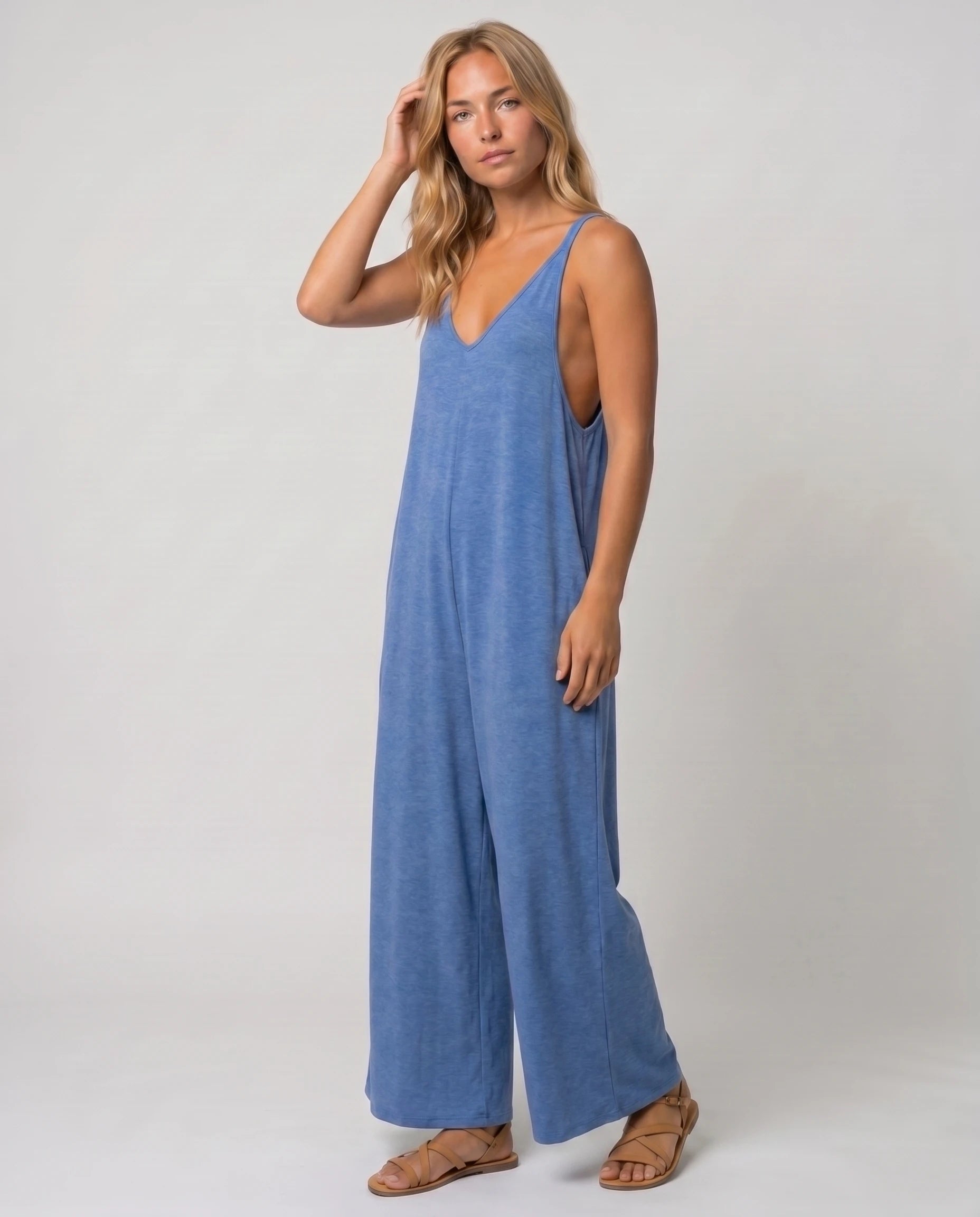 Combinaison ample jambe large Suzon - Bleu Jean - studio trois quarts
