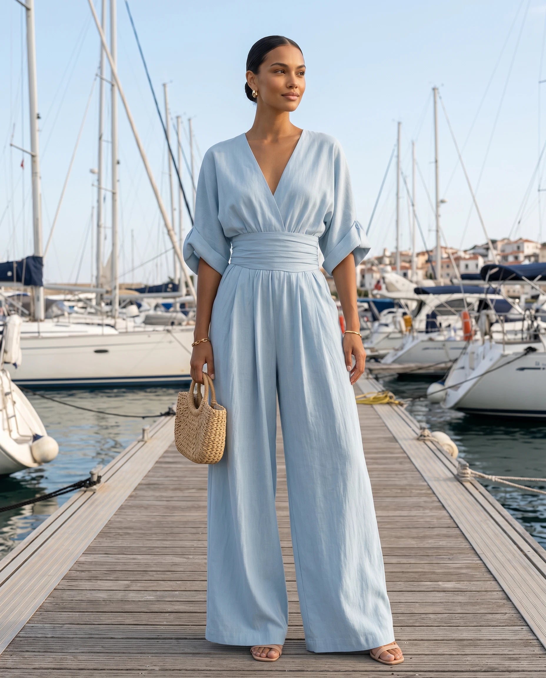 Combinaison habillee jambe large Bleu Ciel portee dans une marina - Ophelie | Zolena