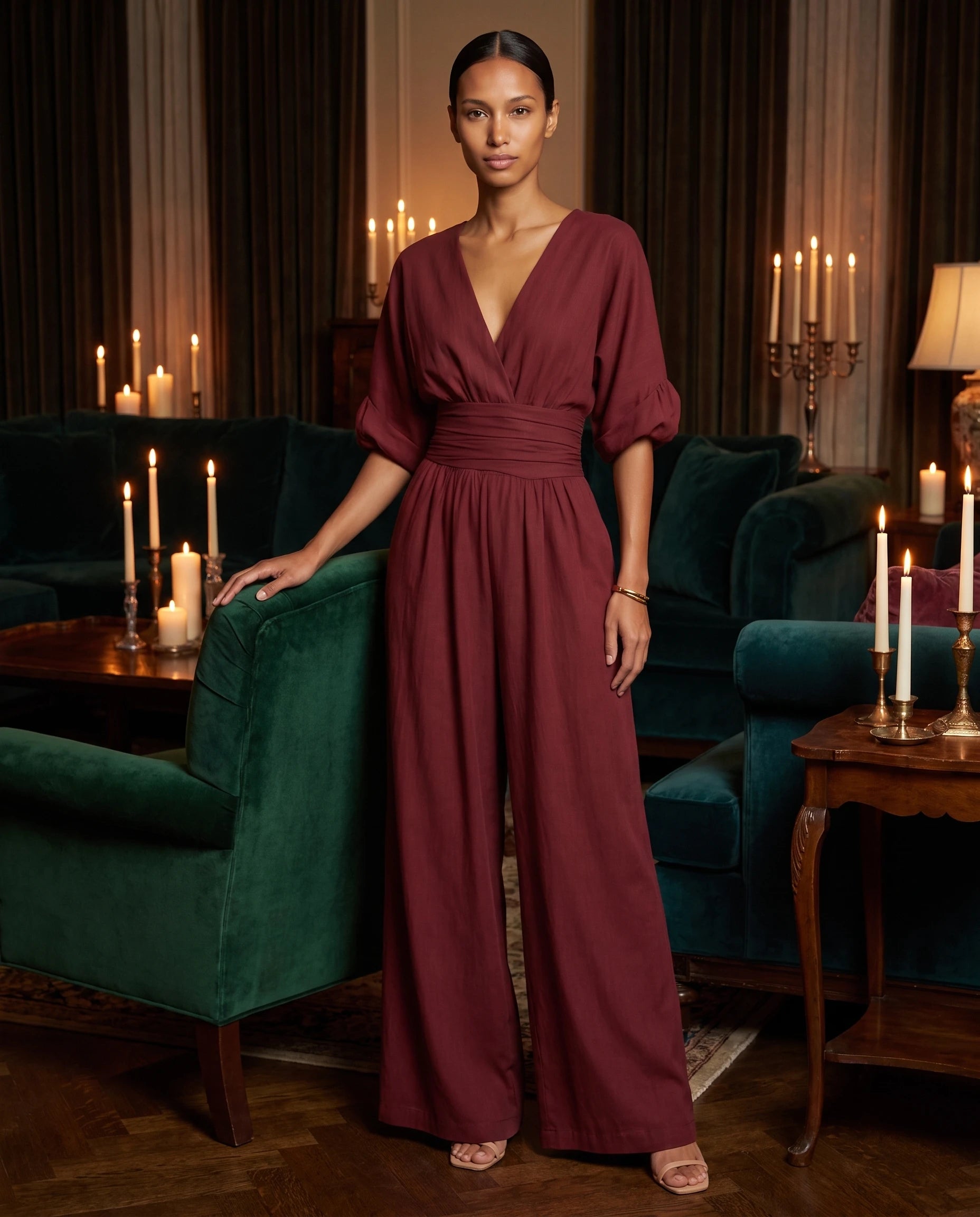 Combinaison large col V Bordeaux portee dans un salon en velours aux chandelles - Eulalie | Zolena