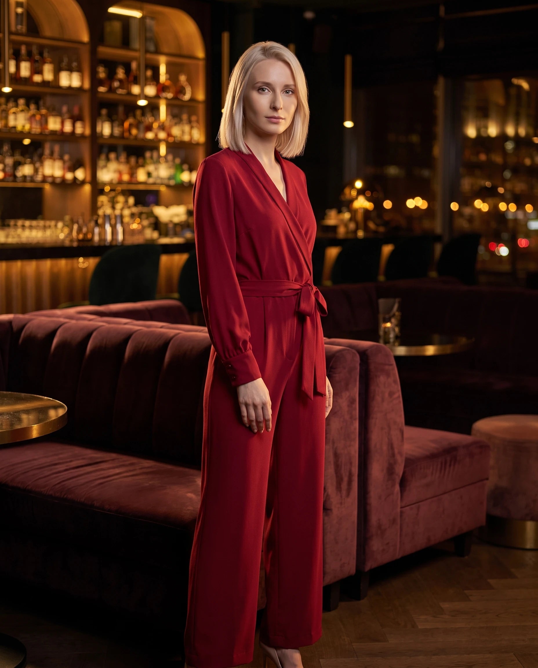 Combinaison cache-cœur rouge — bar à cocktails le soir