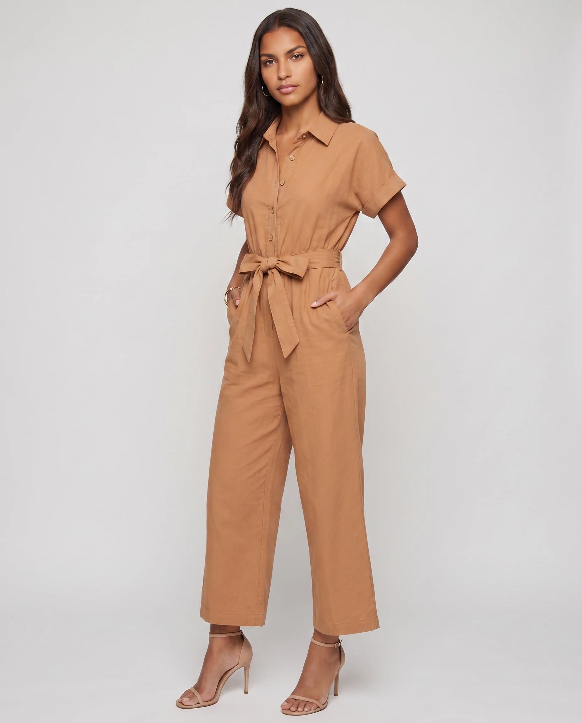 Combinaison fluide ceinturee Delphine - Camel - studio trois-quarts