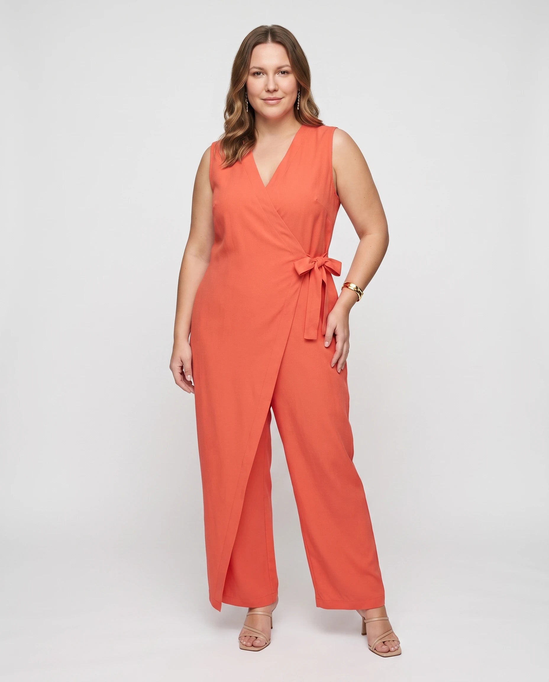 Combinaison fluide col V Honorine Orange - vue de face studio
