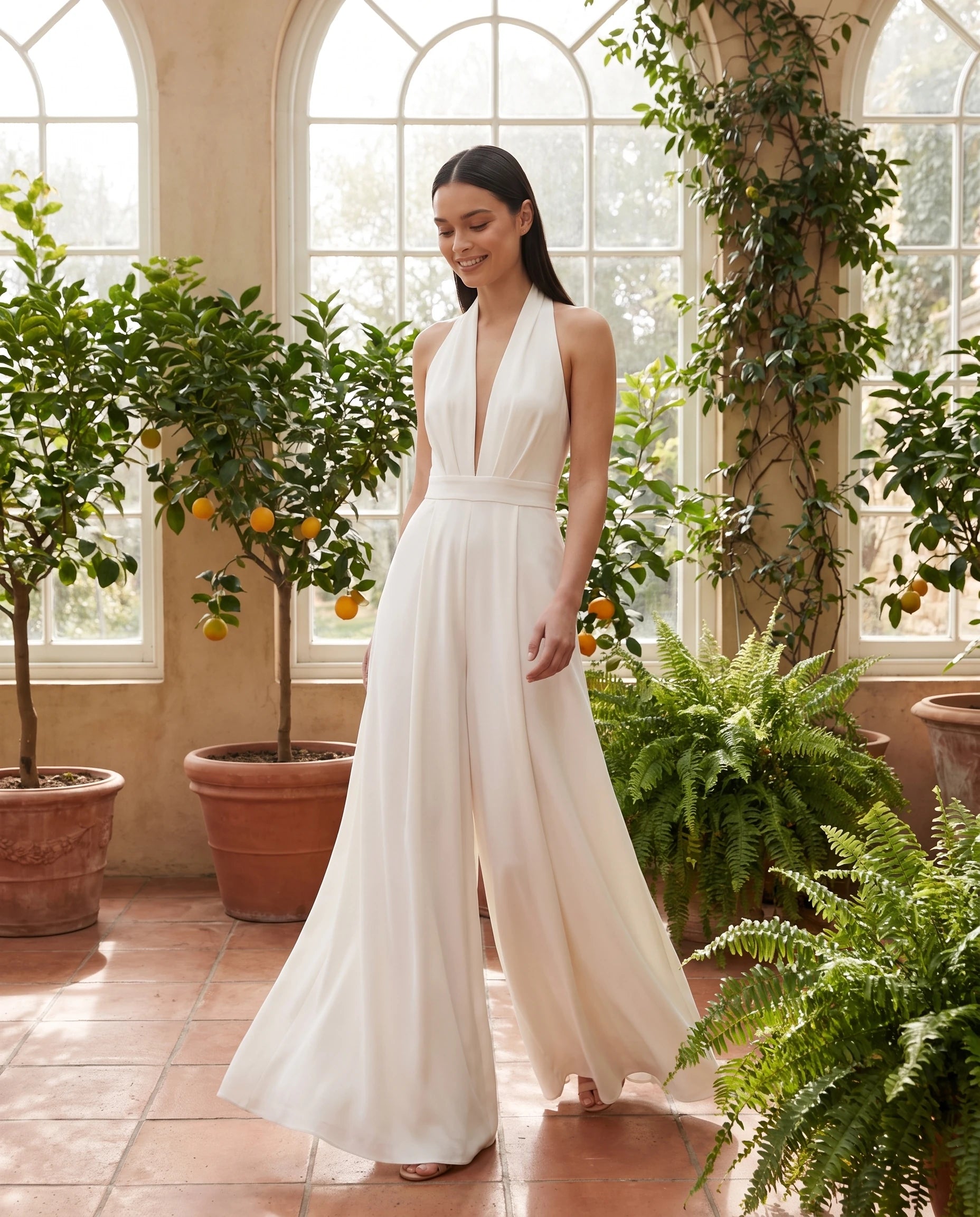 Combinaison habillee dos nu jambe large Blanc portee dans une orangerie lumineuse - Celestine | Zolena