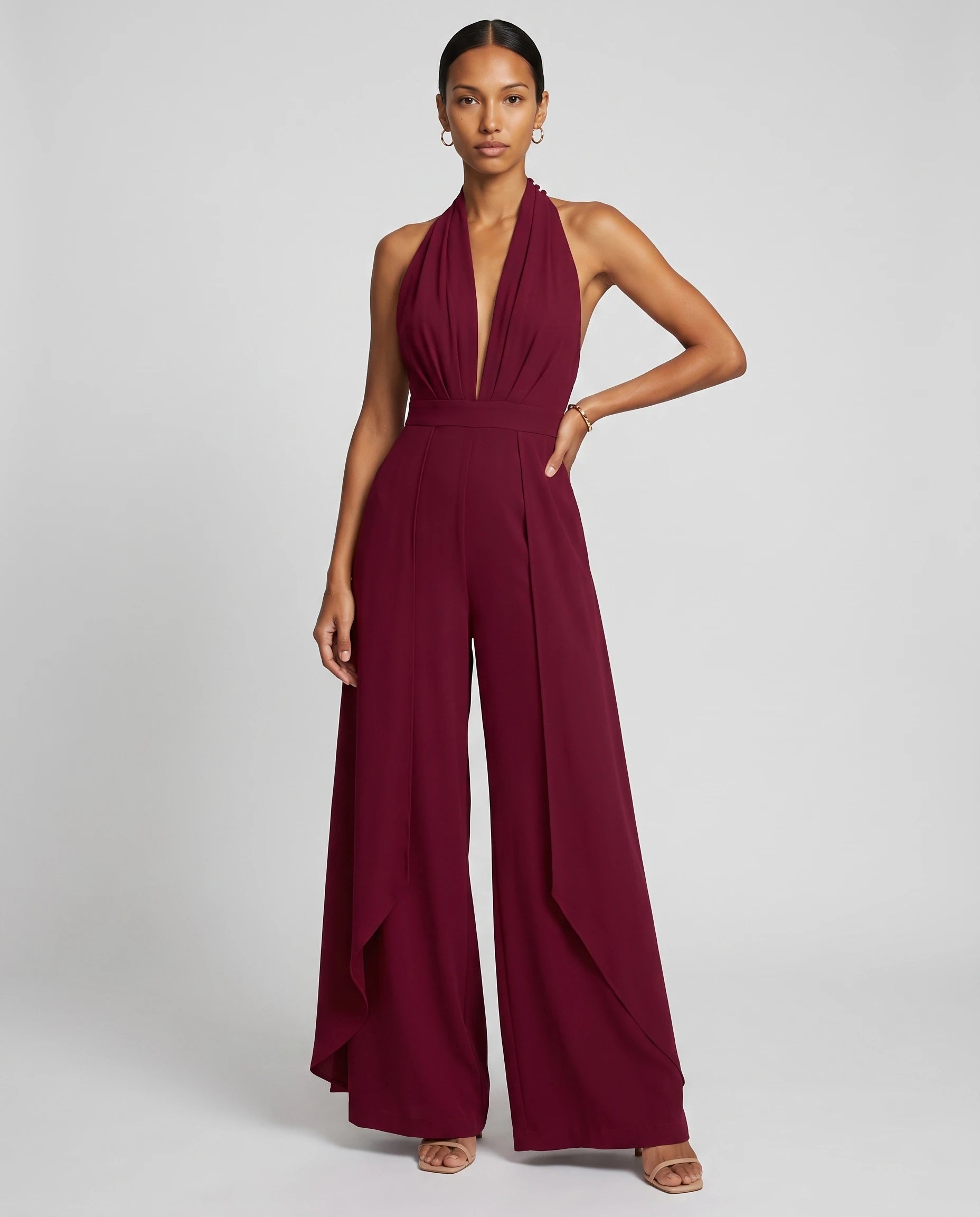 Combinaison habillee dos nu jambe large Bordeaux, vue de face studio - Celestine | Zolena