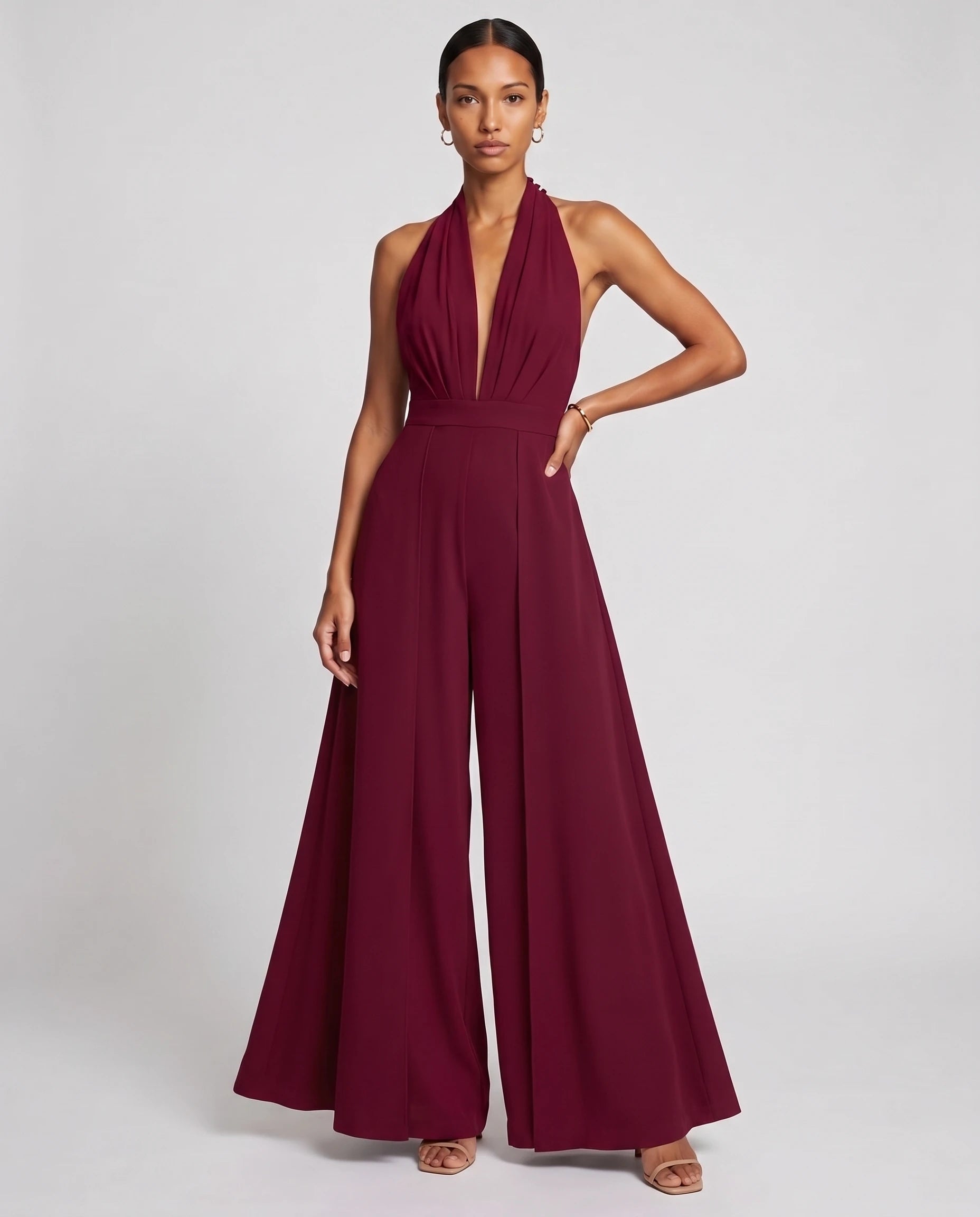 Combinaison habillee dos nu jambe large Bordeaux, vue de face studio - Celestine | Zolena