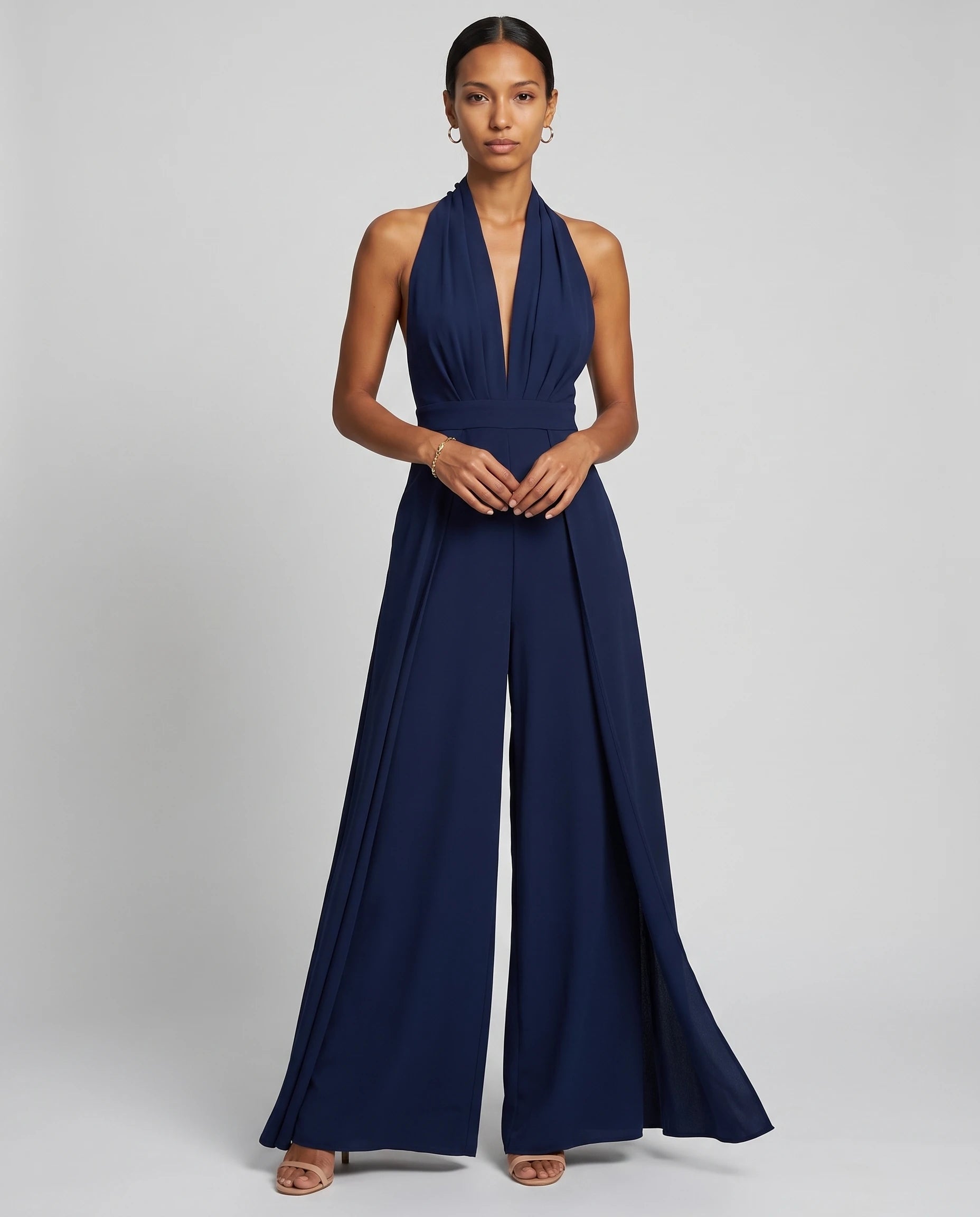 Combinaison habillee dos nu jambe large Bleu Marine, vue de face studio - Celestine | Zolena