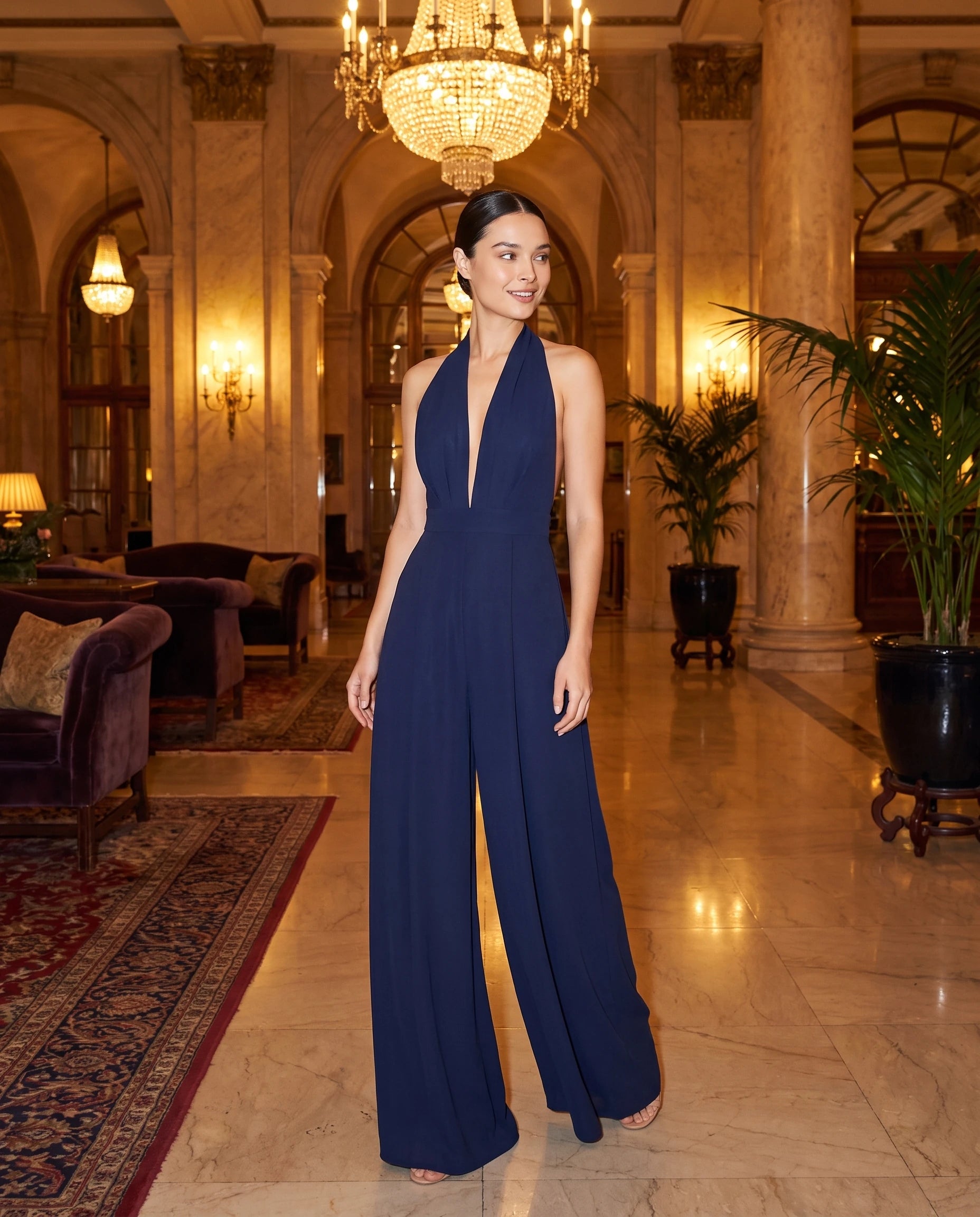 Combinaison habillee dos nu jambe large Bleu Marine portee dans un hall d hotel en marbre - Celestine | Zolena