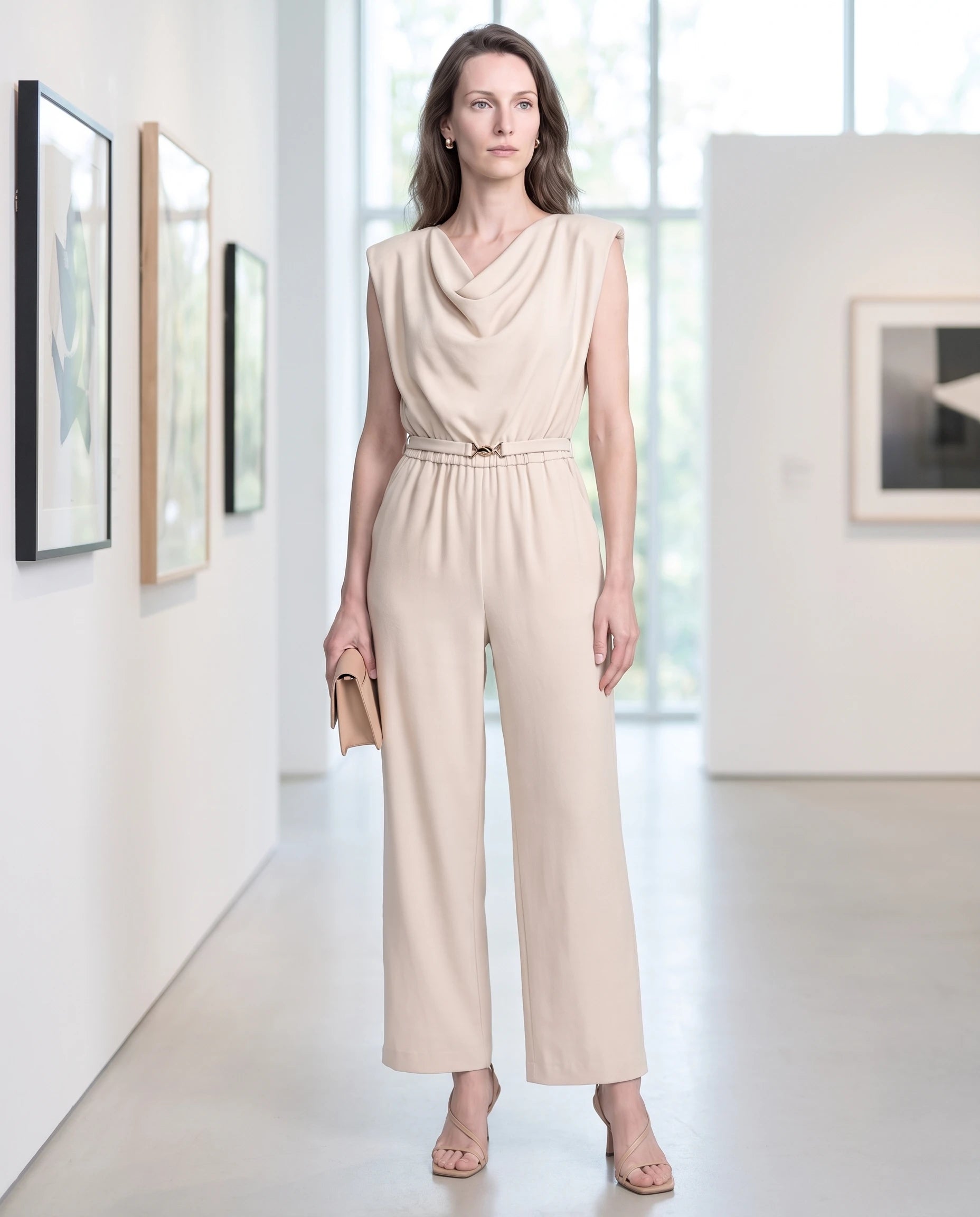 Combinaison drapée sans manches Sibylle, coloris Beige - lifestyle