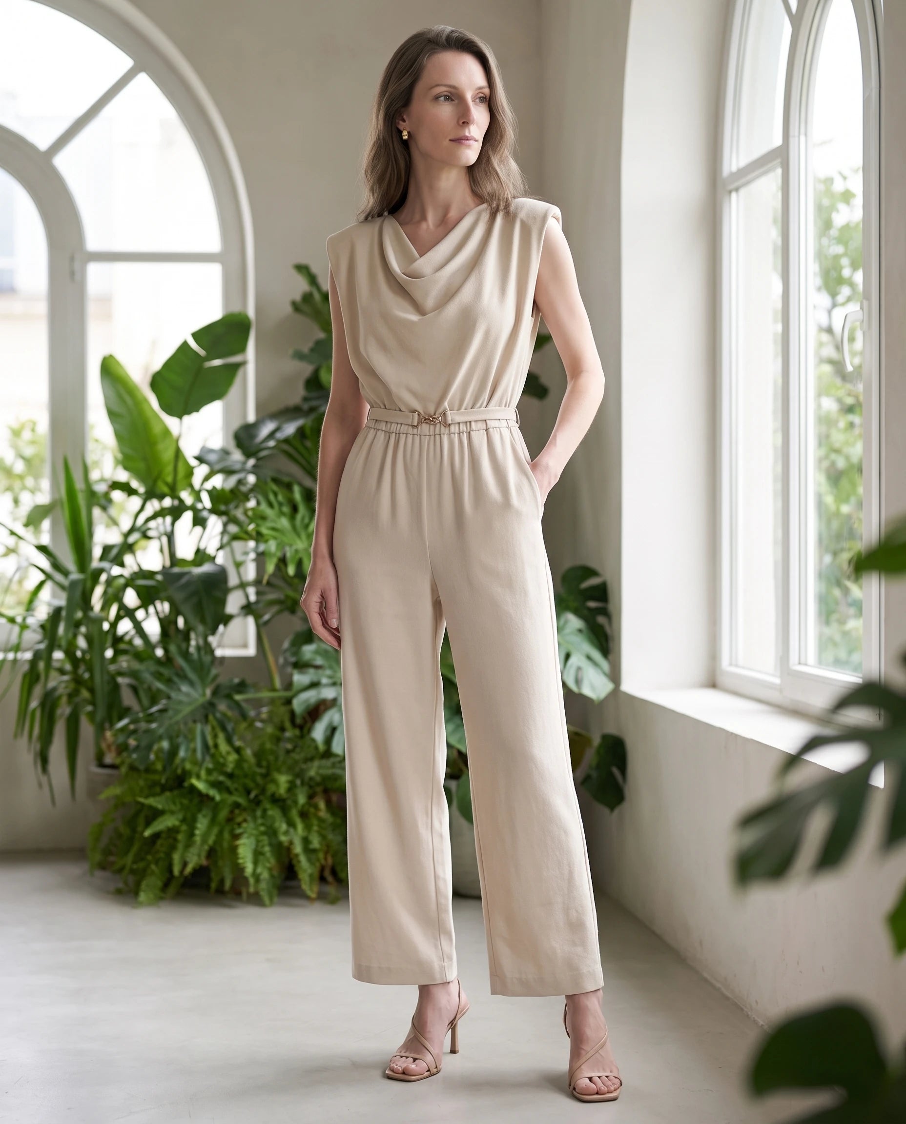 Combinaison drapée sans manches Sibylle, coloris Beige - lifestyle