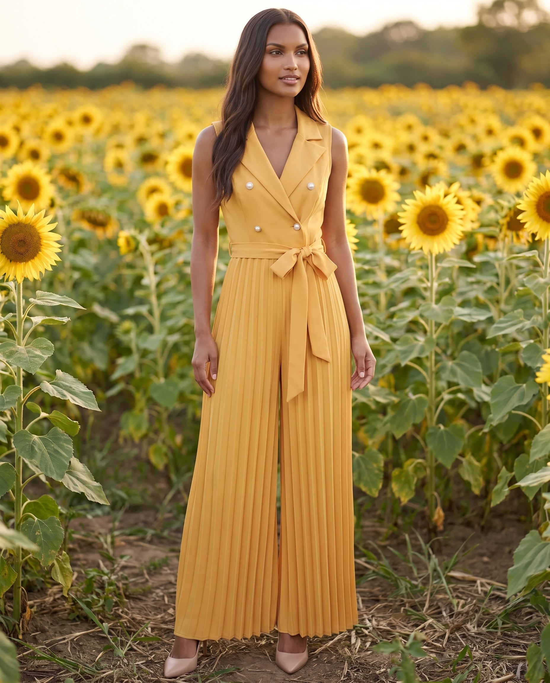 Combinaison habillée plissée à buste blazer Lucinde, coloris Jaune, portée dans un champ de tournesols