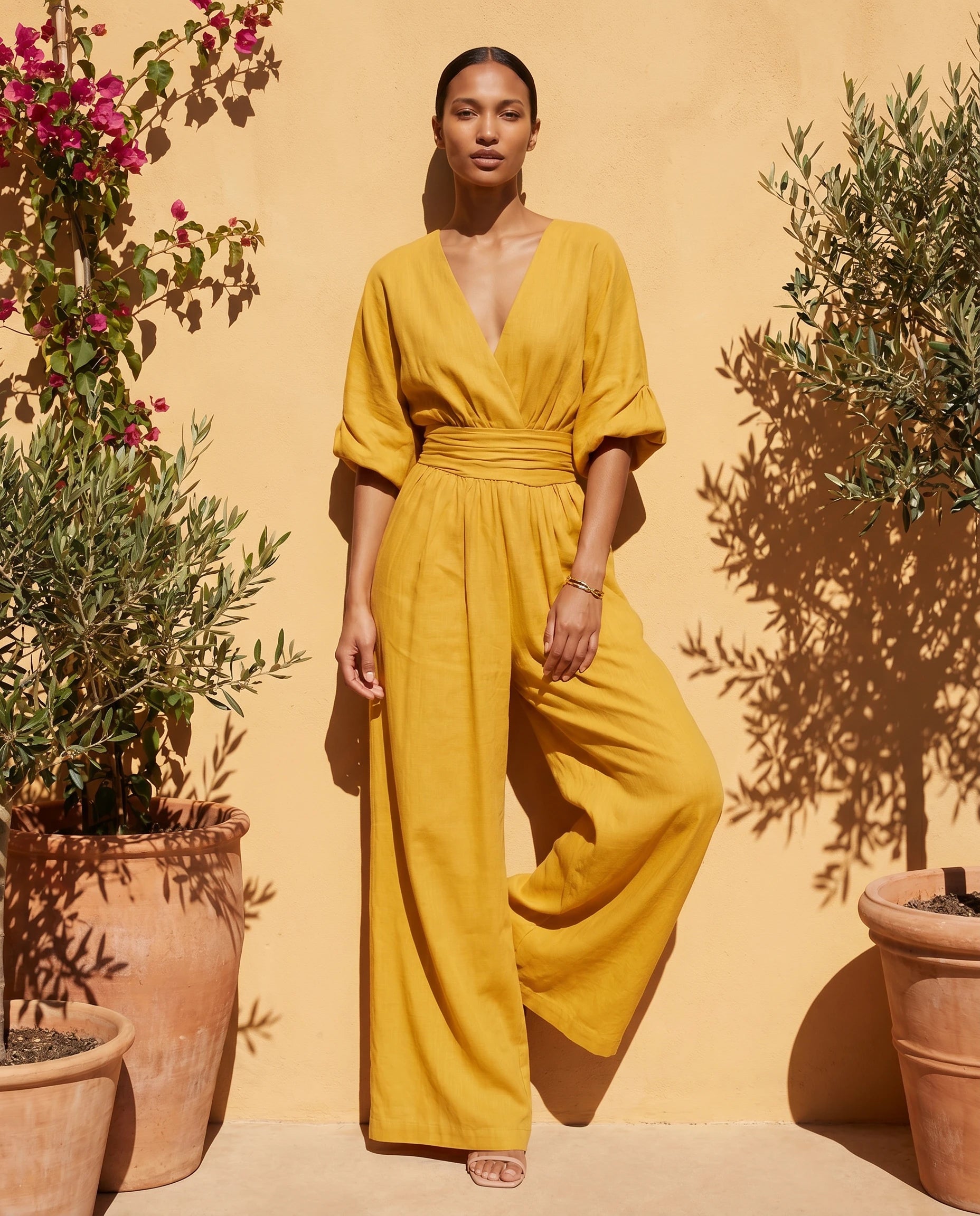 Combinaison large col V Jaune Moutarde portee dans un patio aux murs ocre - Eulalie | Zolena