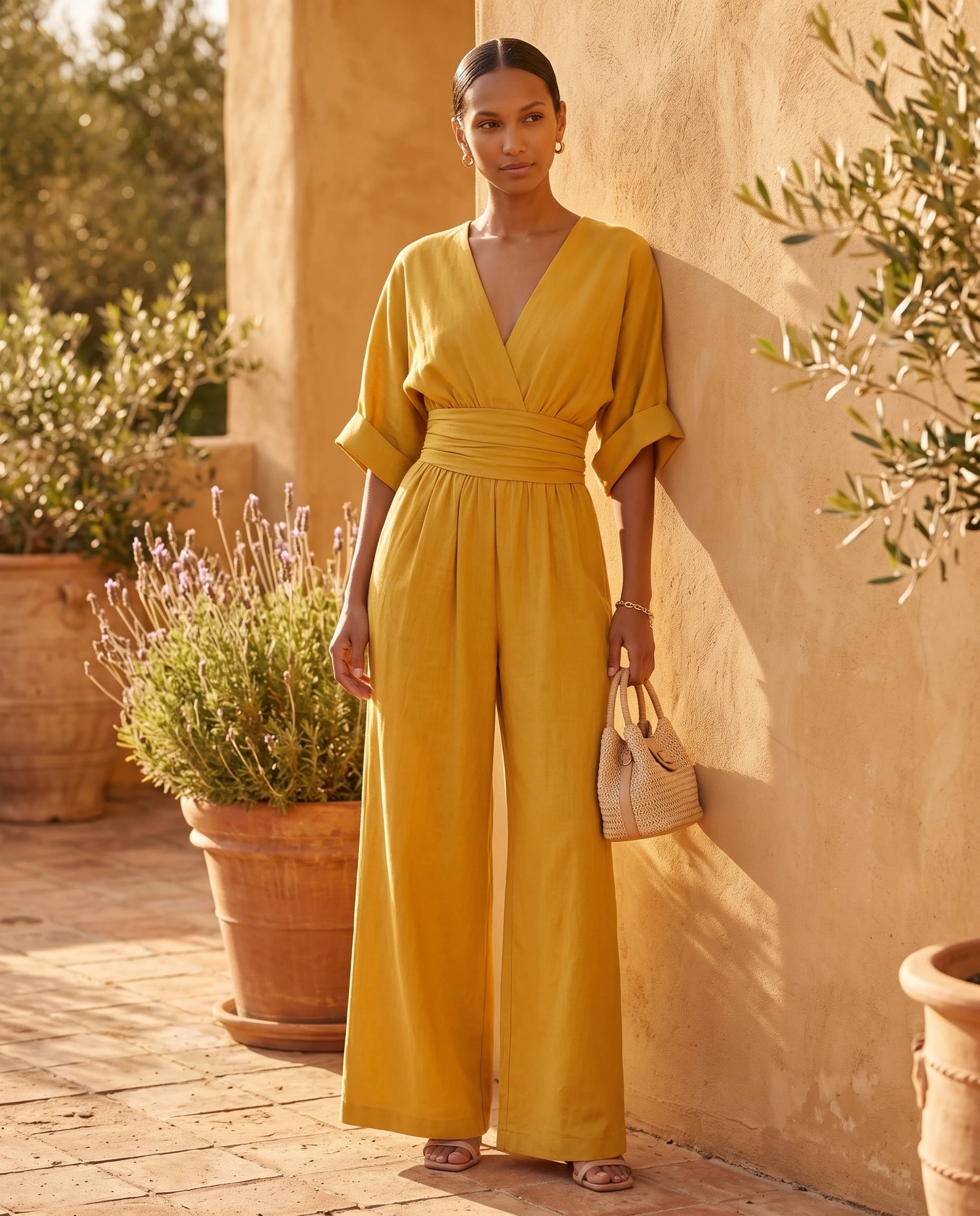 Combinaison habillee jambe large Jaune Moutarde portee dans un patio aux murs ocre - Ophelie | Zolena