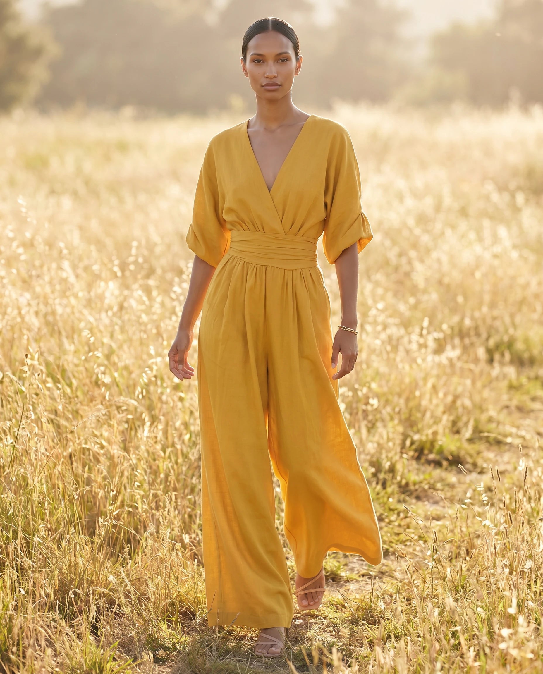 Combinaison large col V Jaune Moutarde portee dans une prairie ensoleillee - Eulalie | Zolena