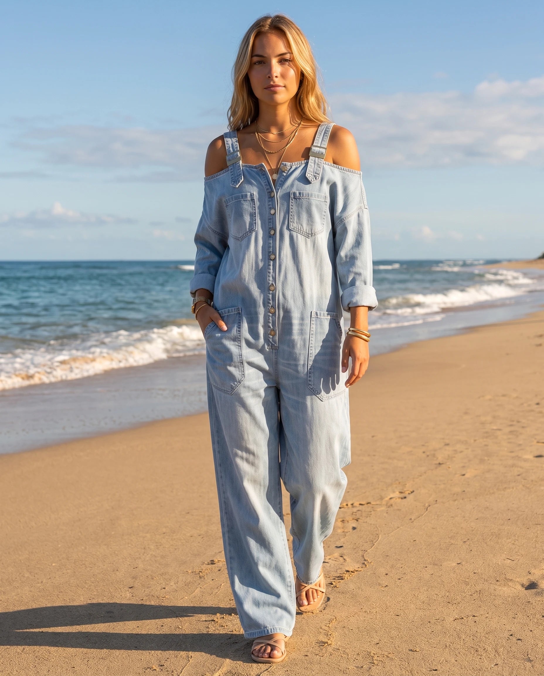 Combinaison en jean à épaules dénudées Maëlys — Bleu Ciel, portée sur la plage