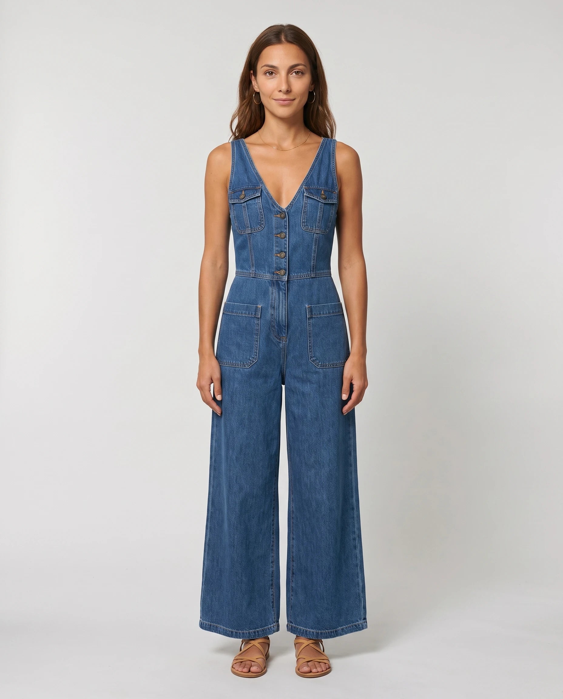 Combinaison en jean Valentine Bleu Denim, vue de face studio