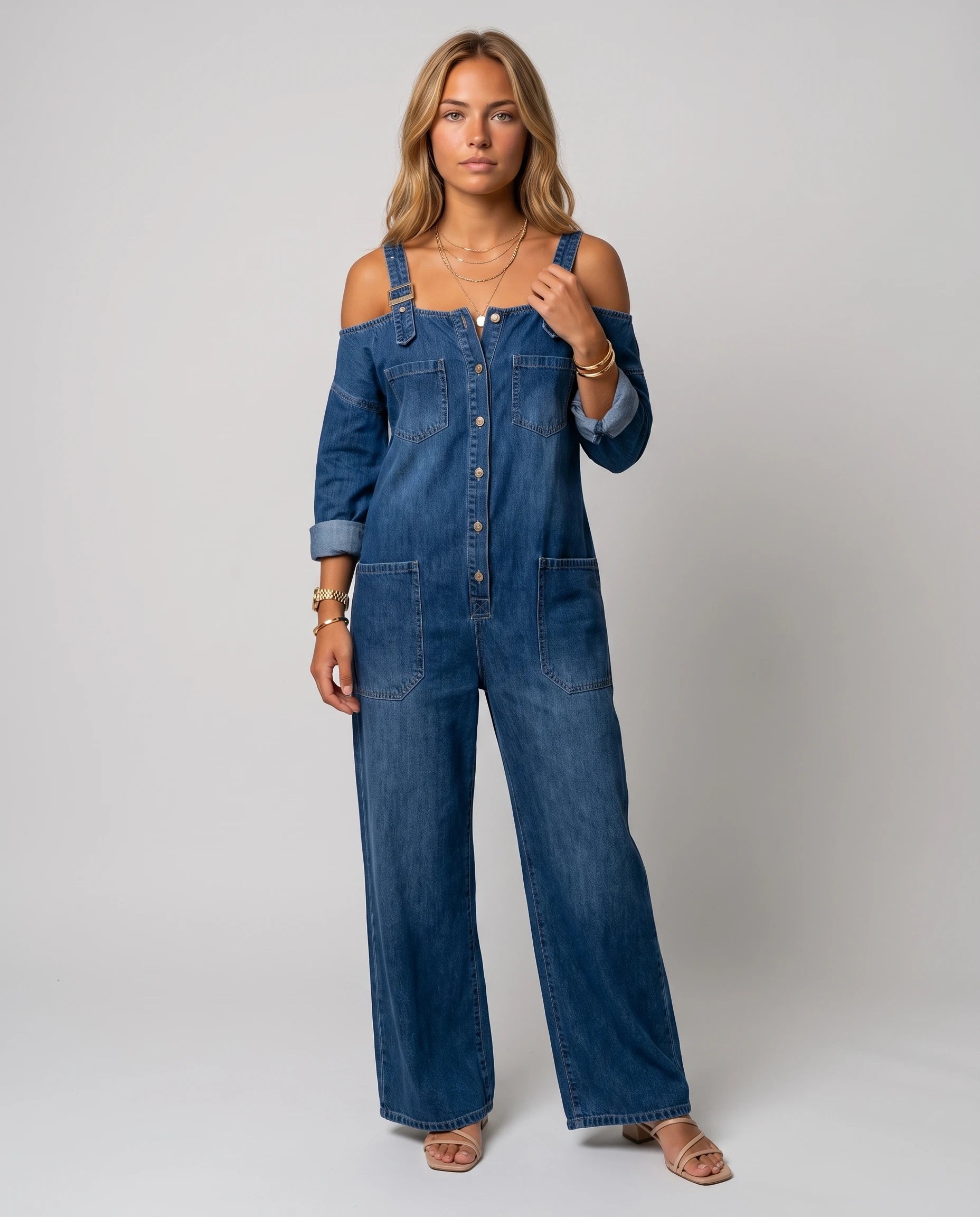 Combinaison en jean à épaules dénudées Maëlys — Bleu Denim, vue studio de face