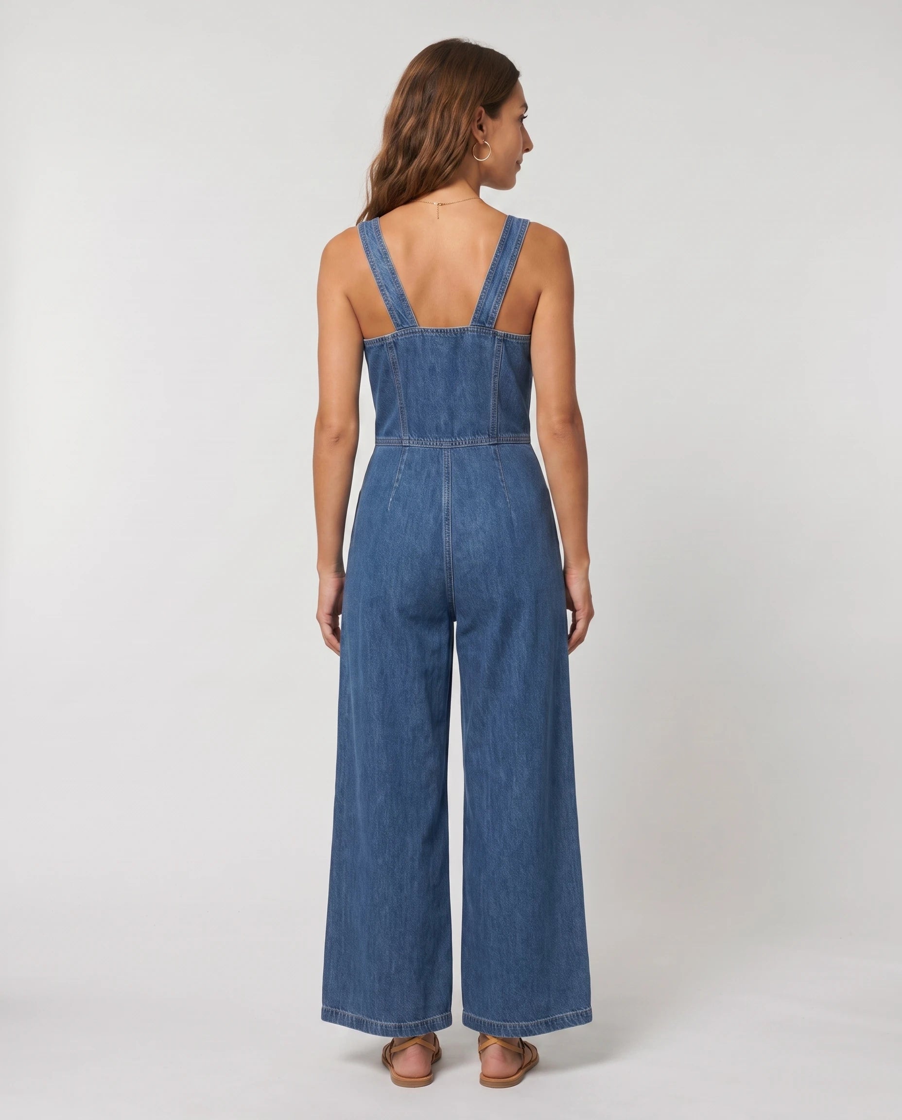 Combinaison en jean Valentine Bleu Denim, vue de dos studio