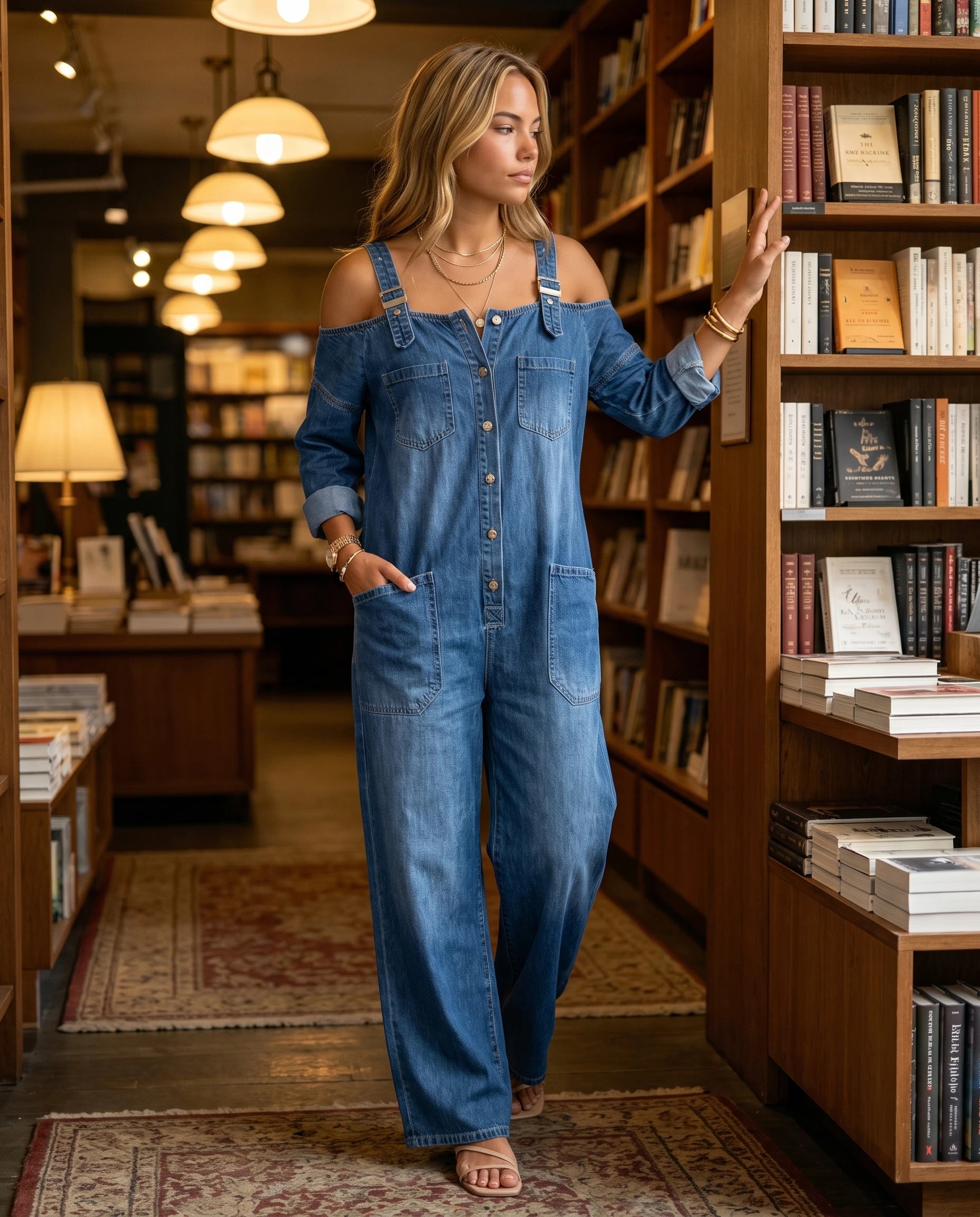 Combinaison en jean à épaules dénudées Maëlys — Bleu Denim, portée dans une librairie