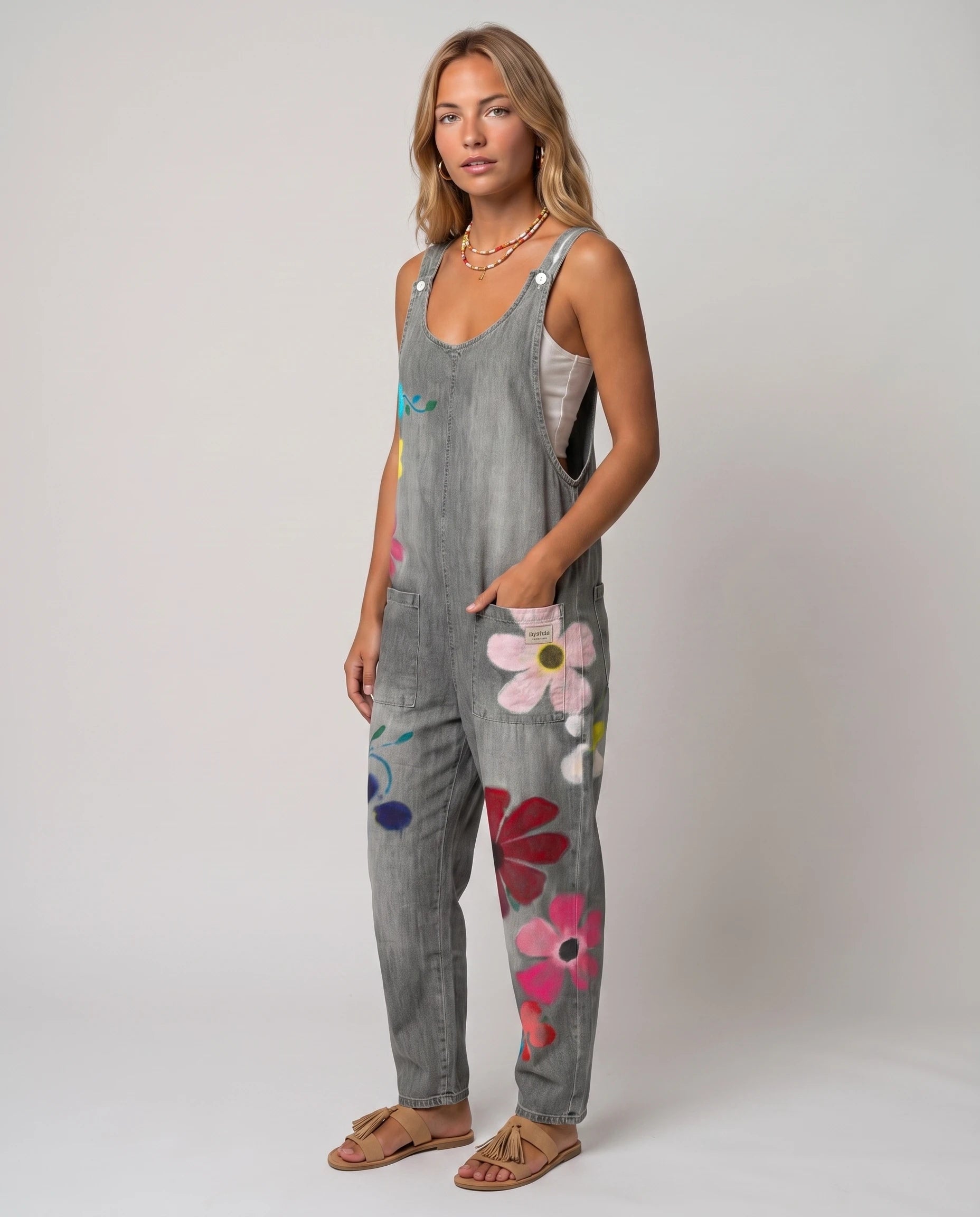 Combinaison en jean fleurie Violette coloris Gris — vue trois-quarts poche