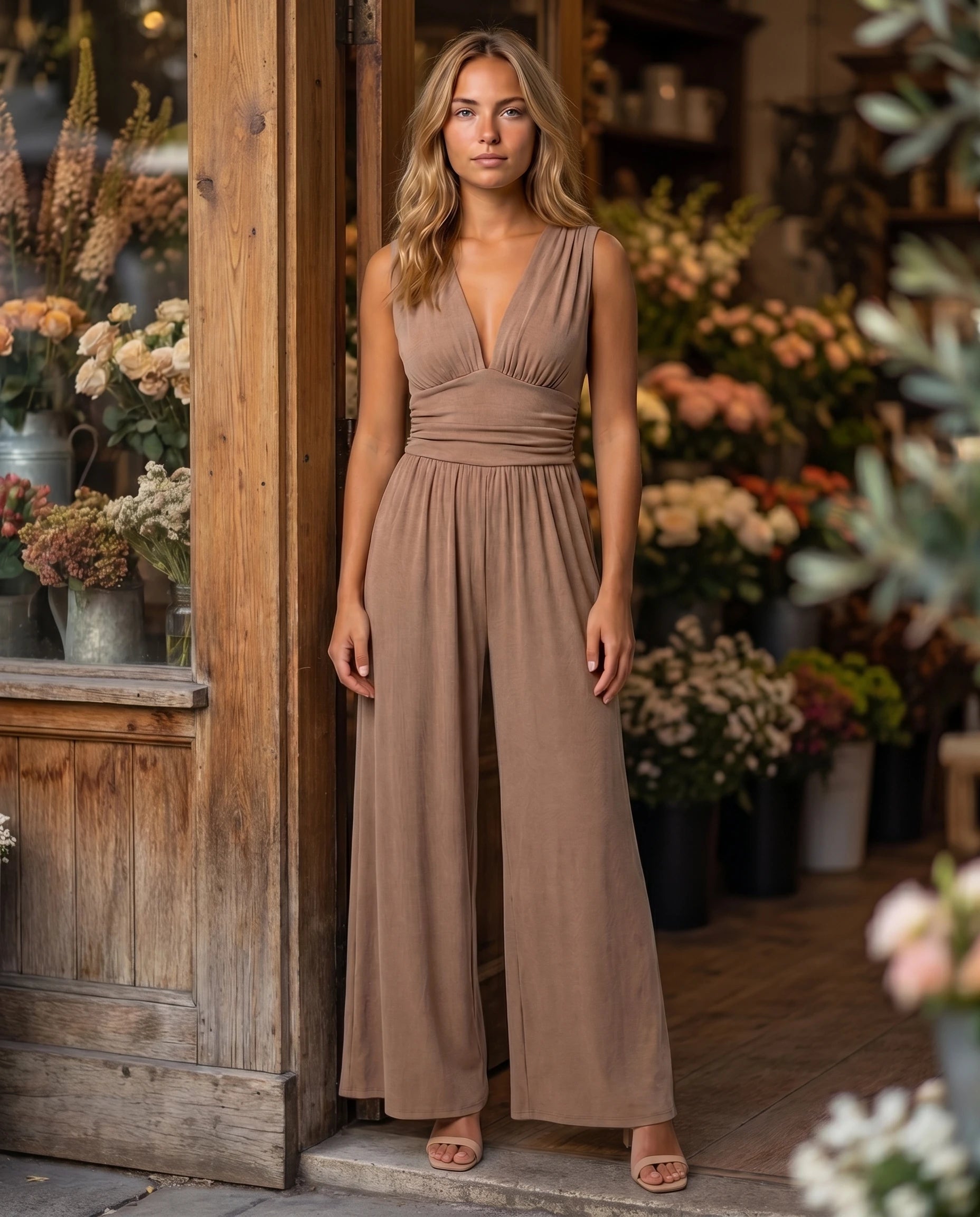 Combinaison large fluide col V — Romane - Camel - lifestyle fleuriste