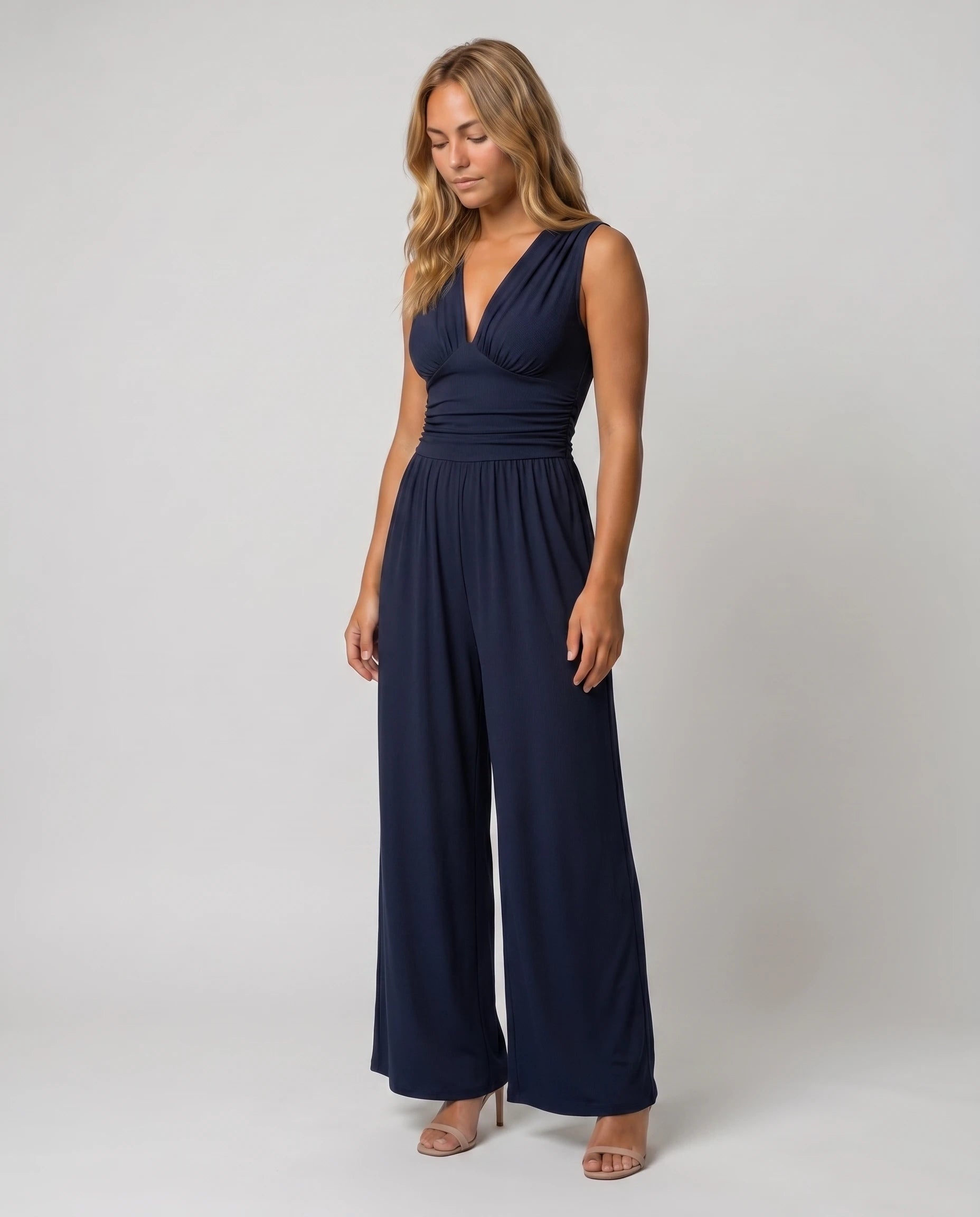 Combinaison large fluide col V — Romane - Bleu Marine - studio turn