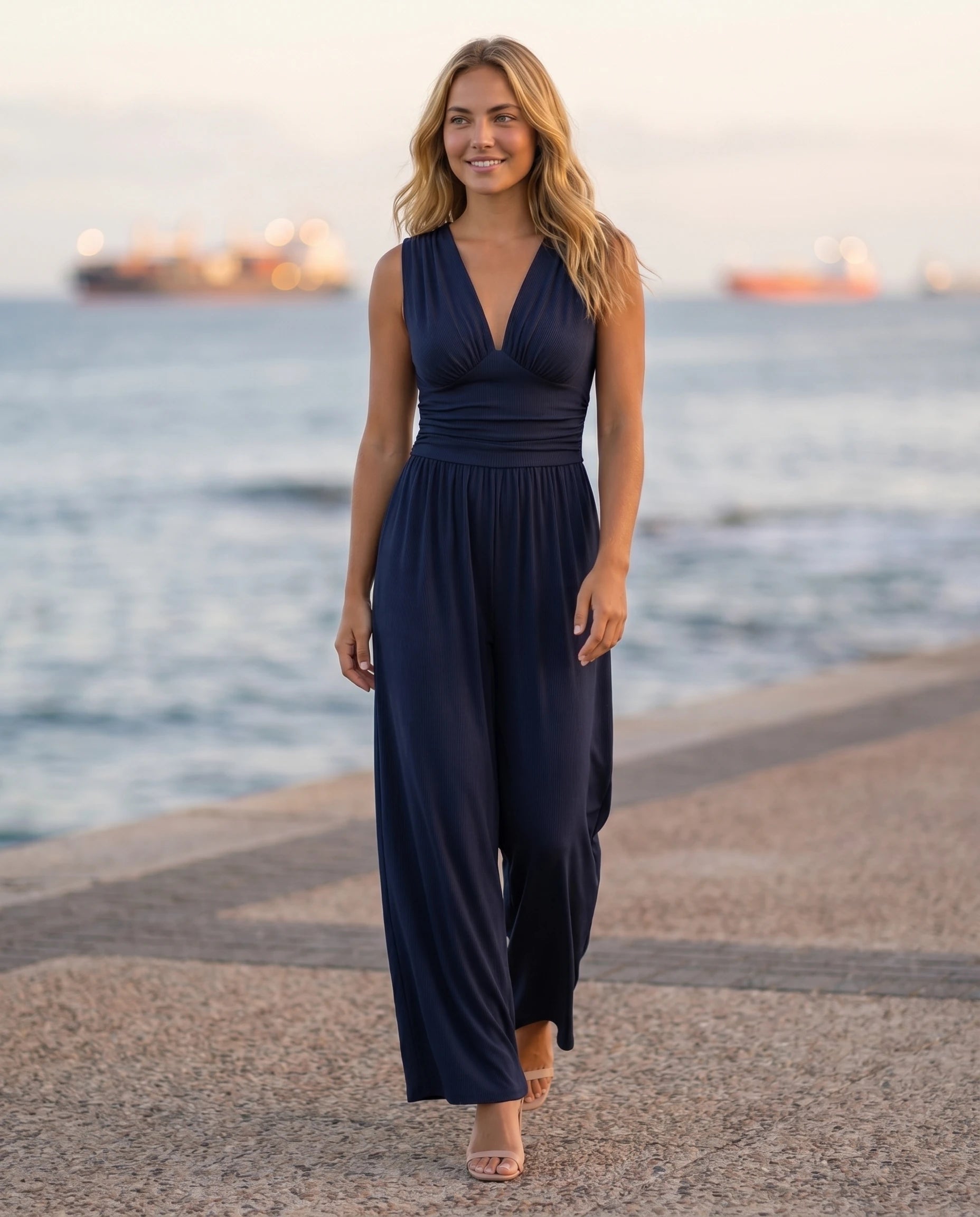 Combinaison large fluide col V — Romane - Bleu Marine - lifestyle promenade