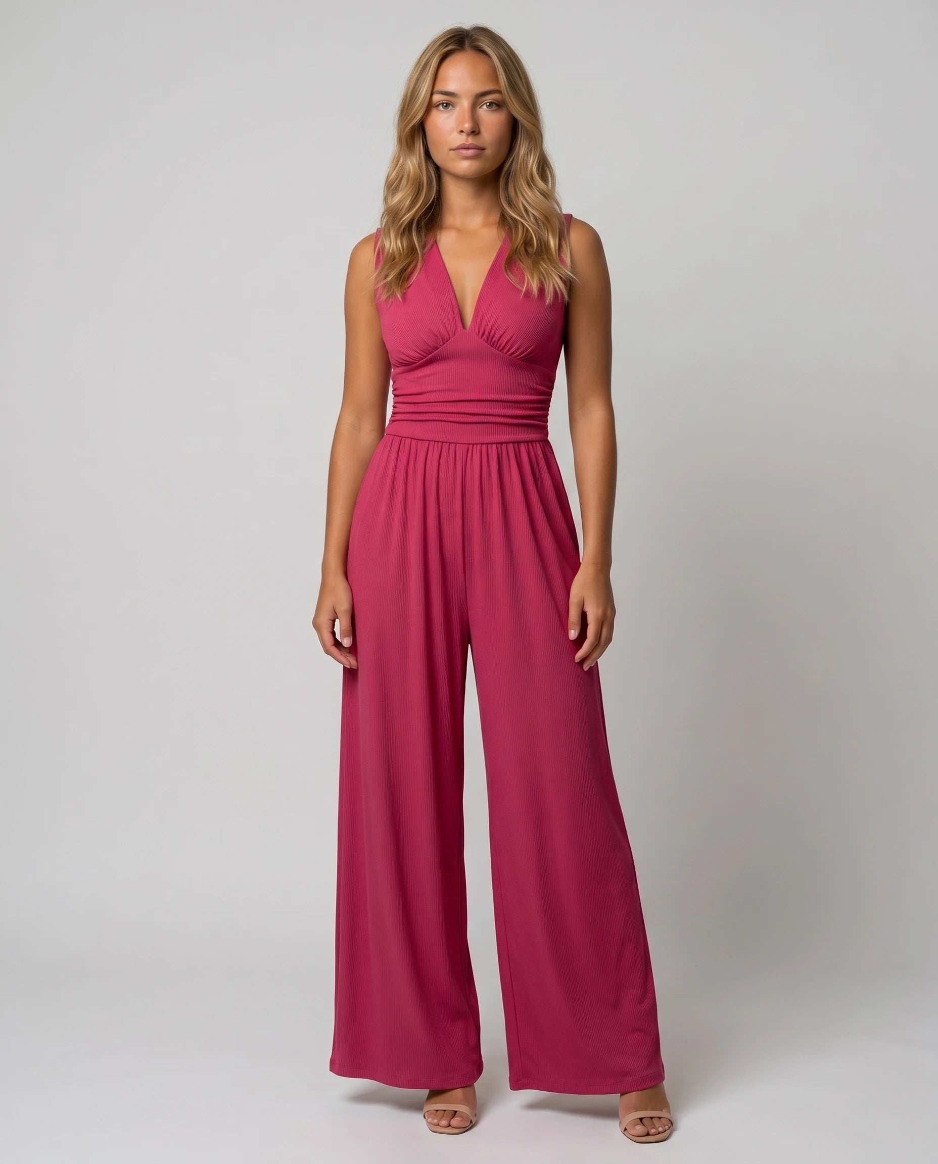 Combinaison large fluide col V — Romane - Rose Framboise - studio face