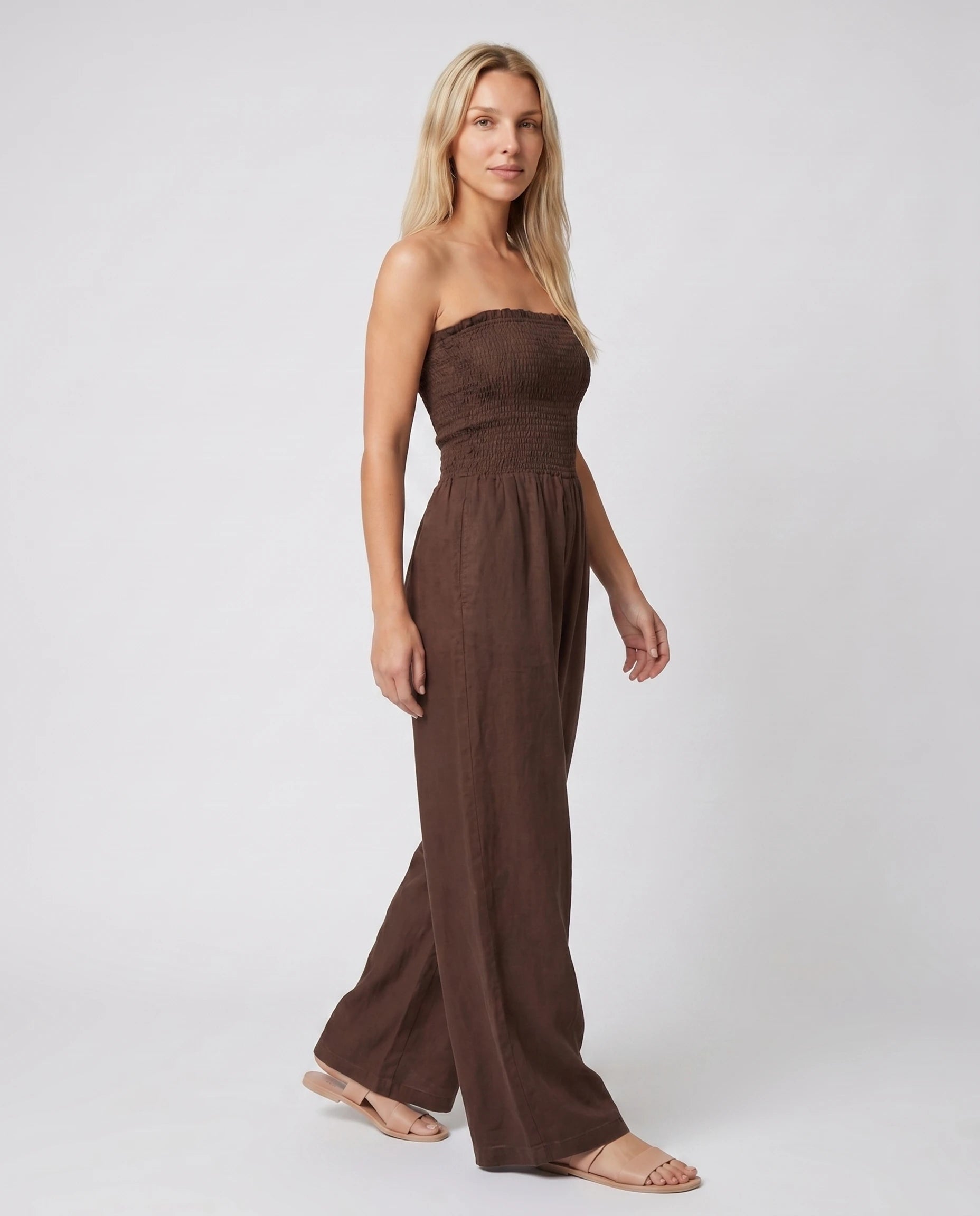 Combinaison bandeau en lin chocolat foncé, jambe large — Lucile - vue studio, face