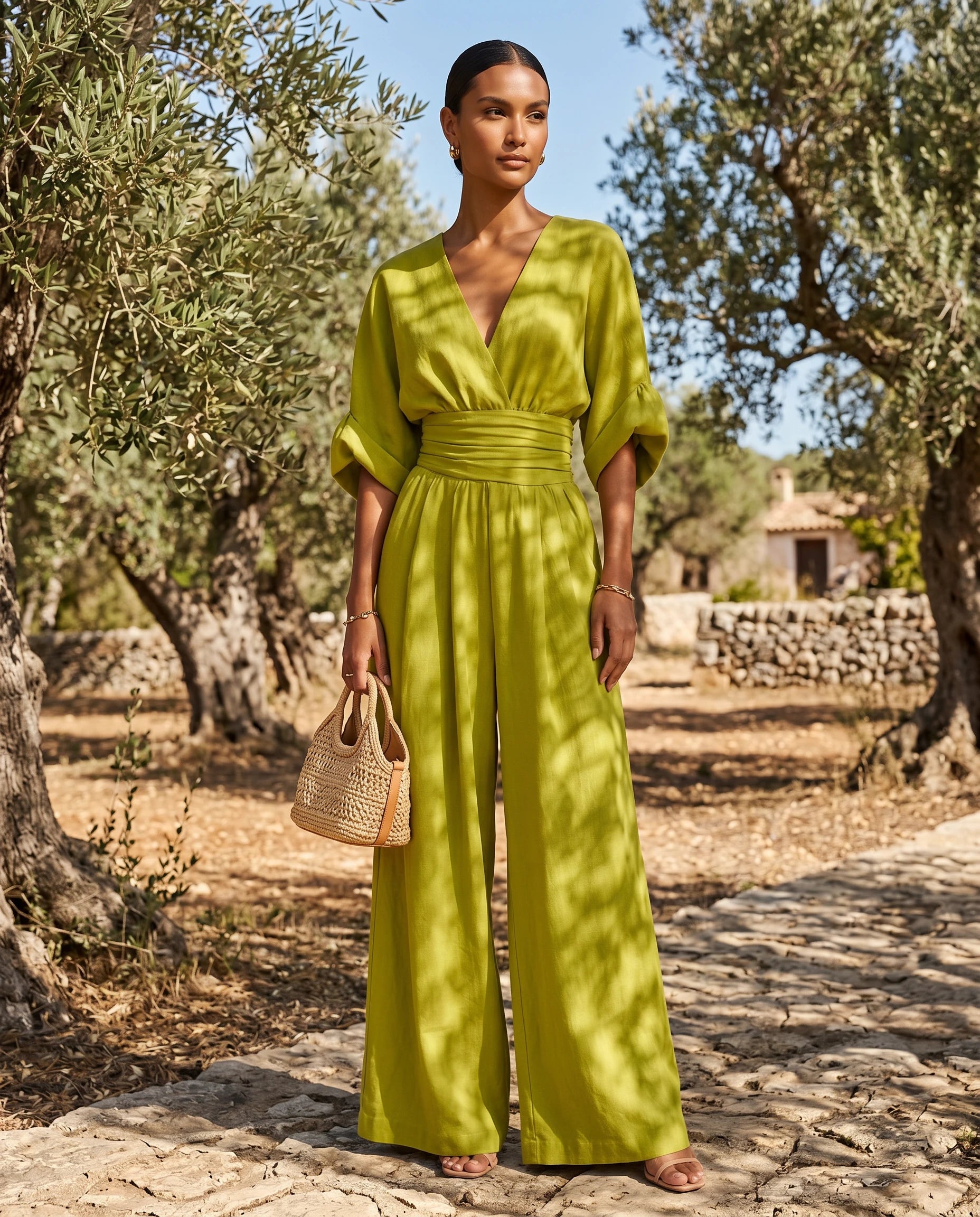 Combinaison habillee jambe large Vert Matcha portee dans une oliveraie - Ophelie | Zolena
