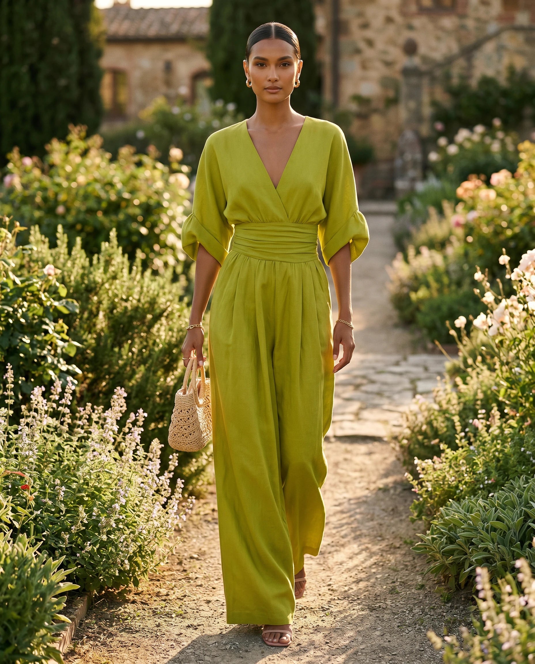 Combinaison habillee jambe large Vert Matcha portee sur un sentier de jardin au soleil dore - Ophelie | Zolena