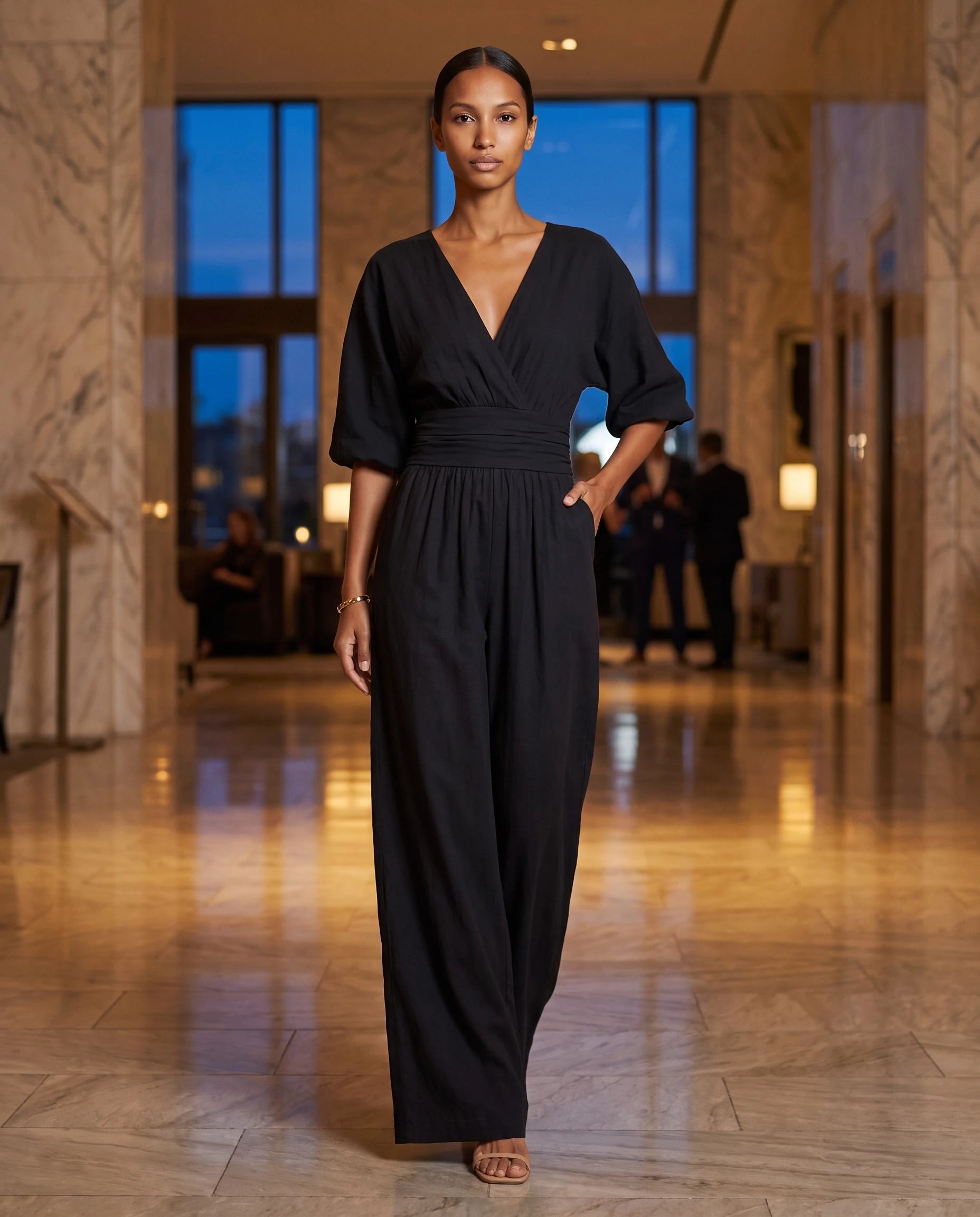 Combinaison large col V Noir portee dans un hall d hotel en soiree - Eulalie | Zolena