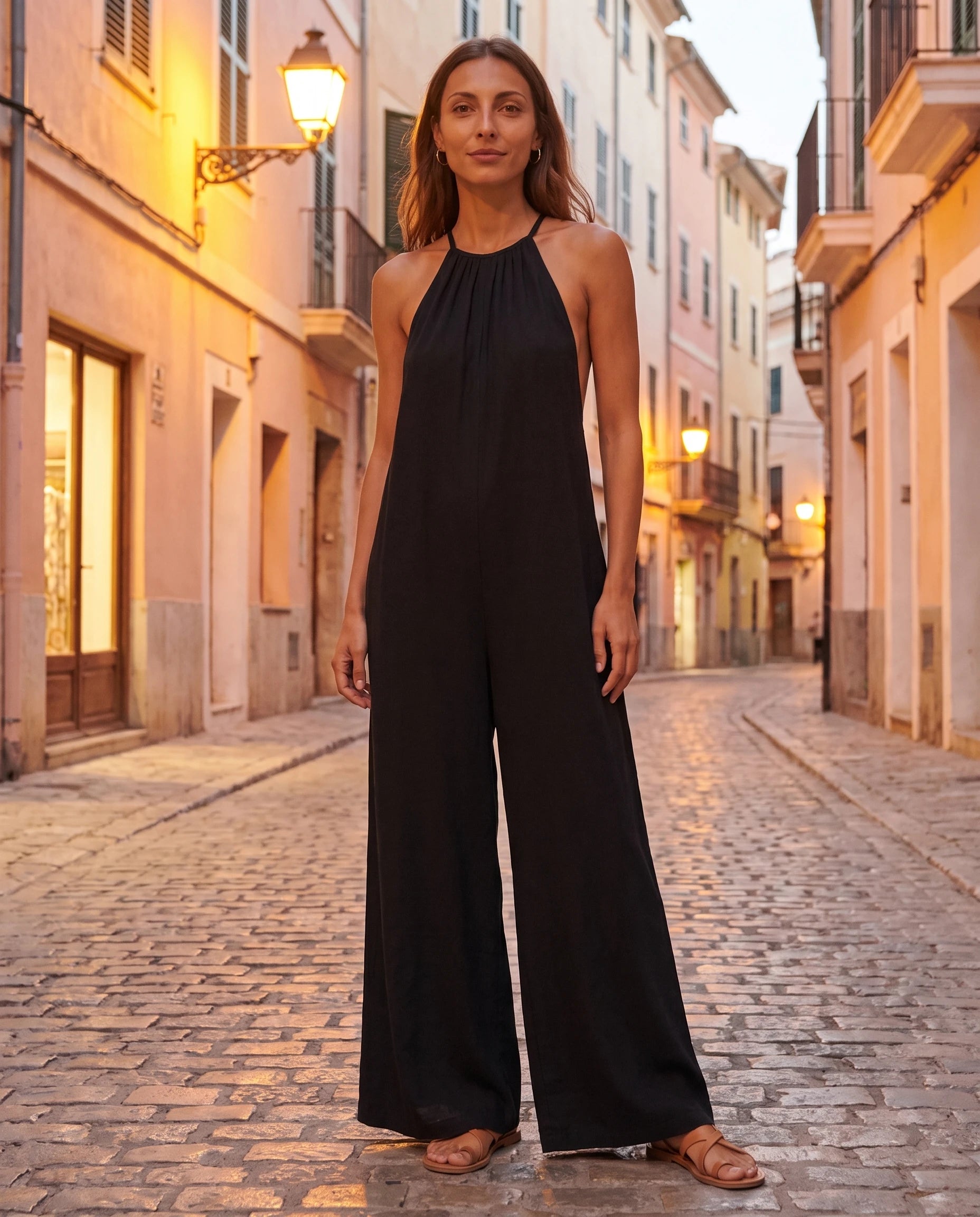 Combinaison fluide noire — portée dans une ruelle méditerranéenne au crépuscule