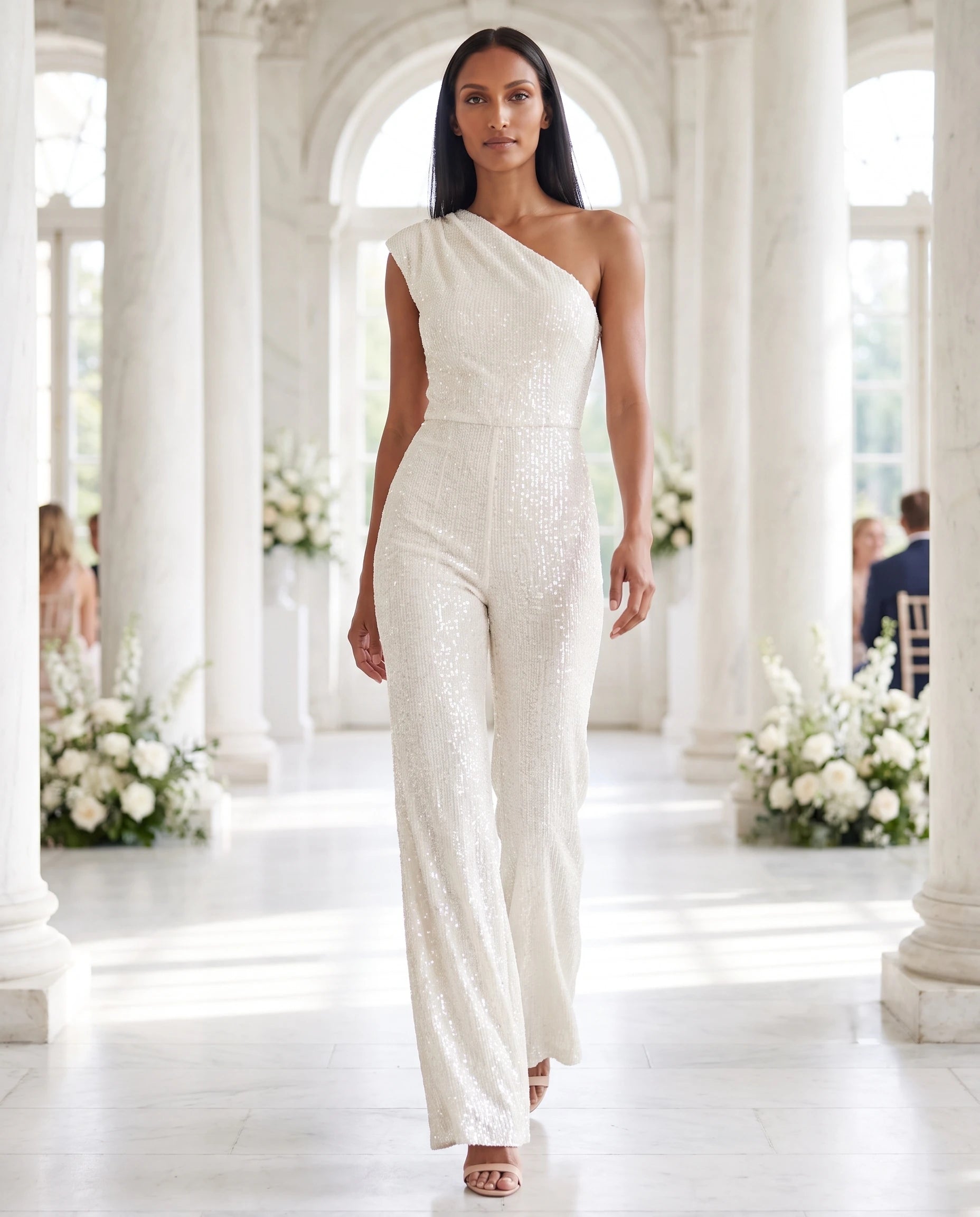 Combinaison à paillettes une épaule Estelle, coloris Blanc, en atrium de marbre