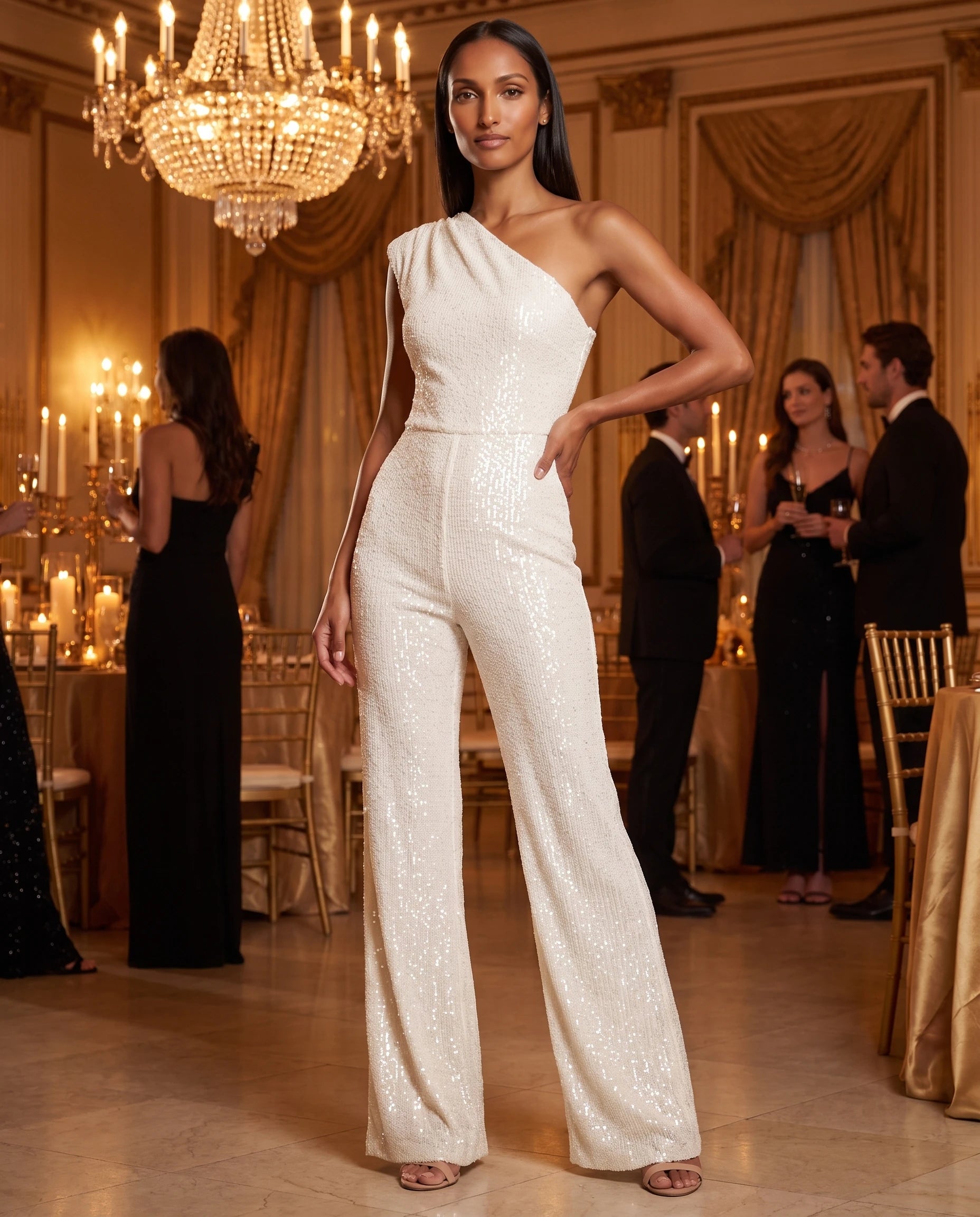 Combinaison à paillettes une épaule Estelle, coloris Blanc, en salle de bal aux chandelles