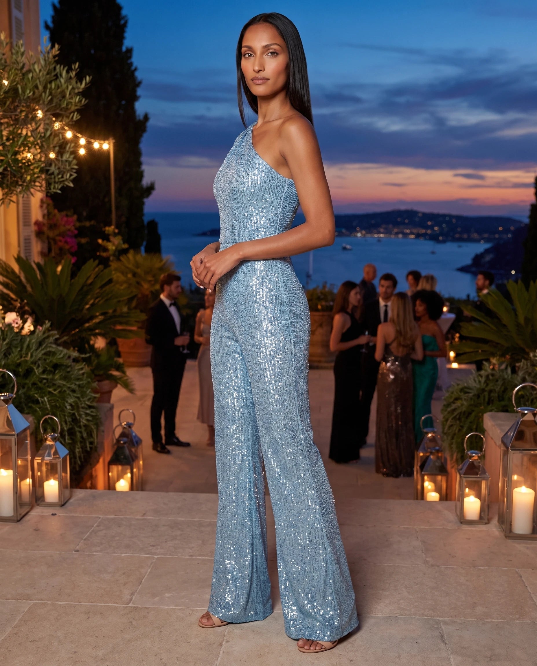 Combinaison à paillettes une épaule Estelle, coloris Bleu Ciel, en soirée riviera