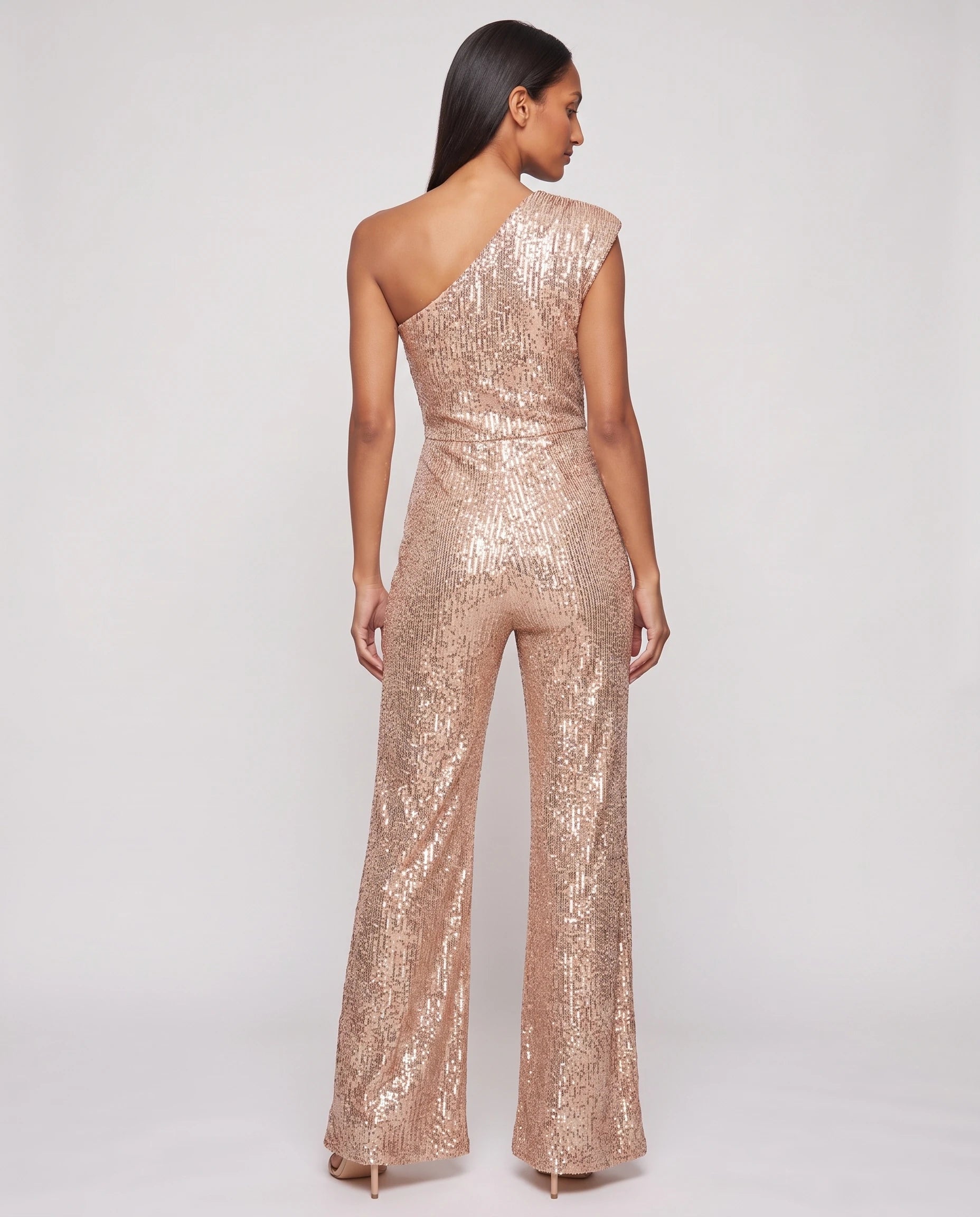 Combinaison à paillettes une épaule Estelle, coloris Champagne, vue de dos studio
