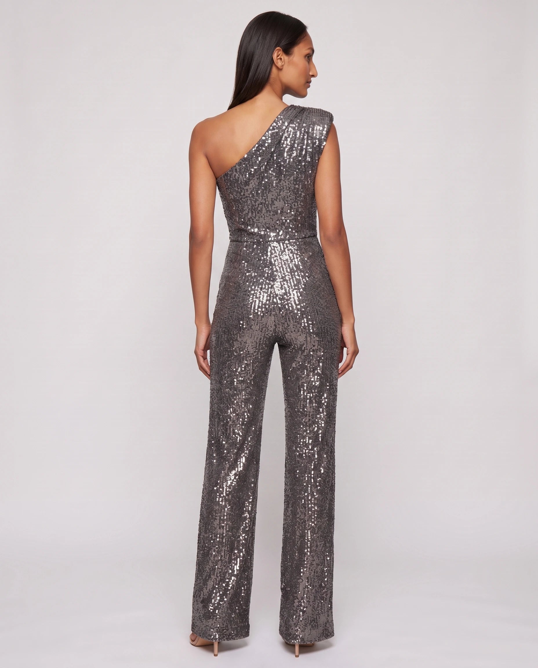 Combinaison à paillettes une épaule Estelle, coloris Gris, vue de dos studio