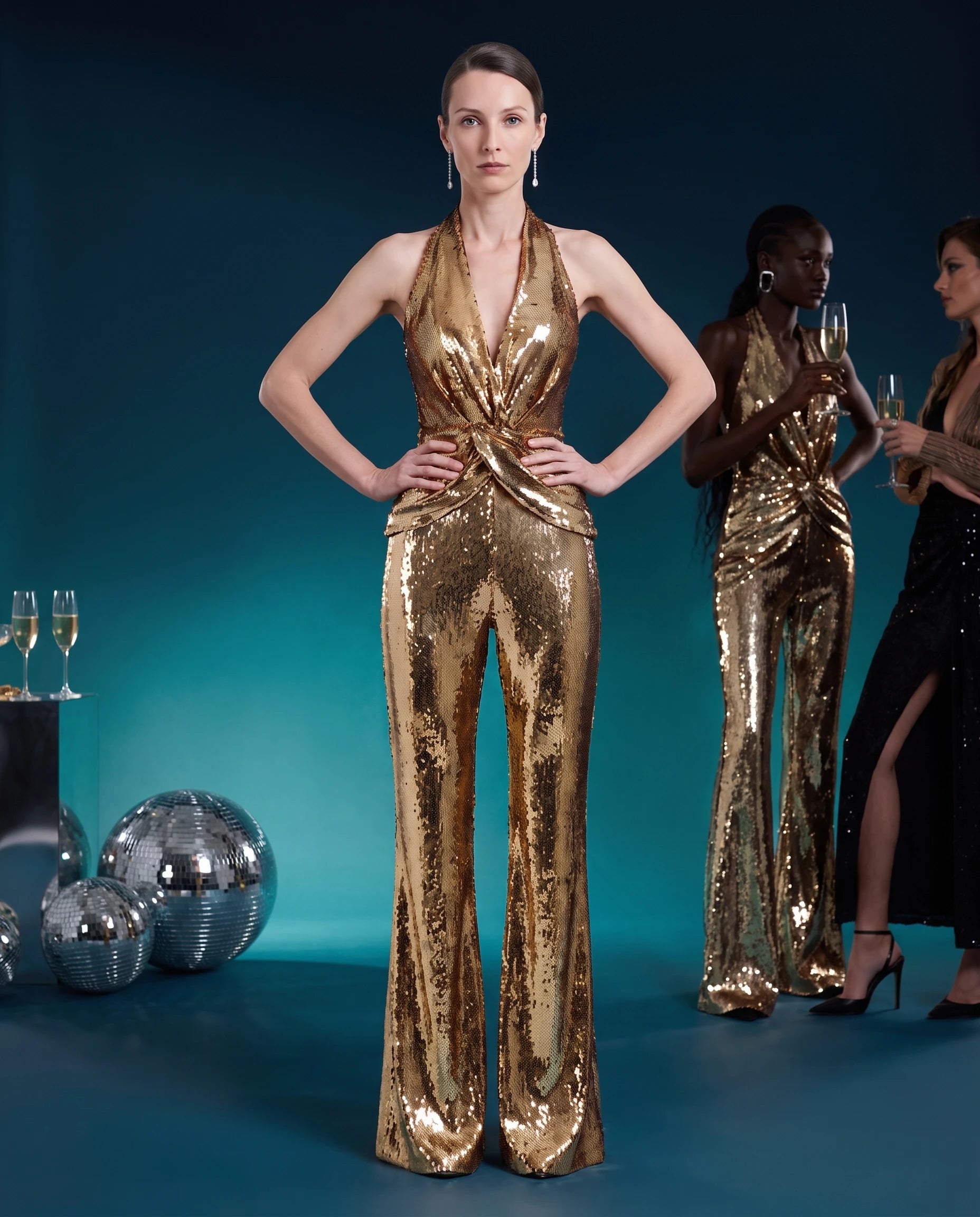 Combinaison a paillettes Or portee en soiree glamour - Liane | Zolena