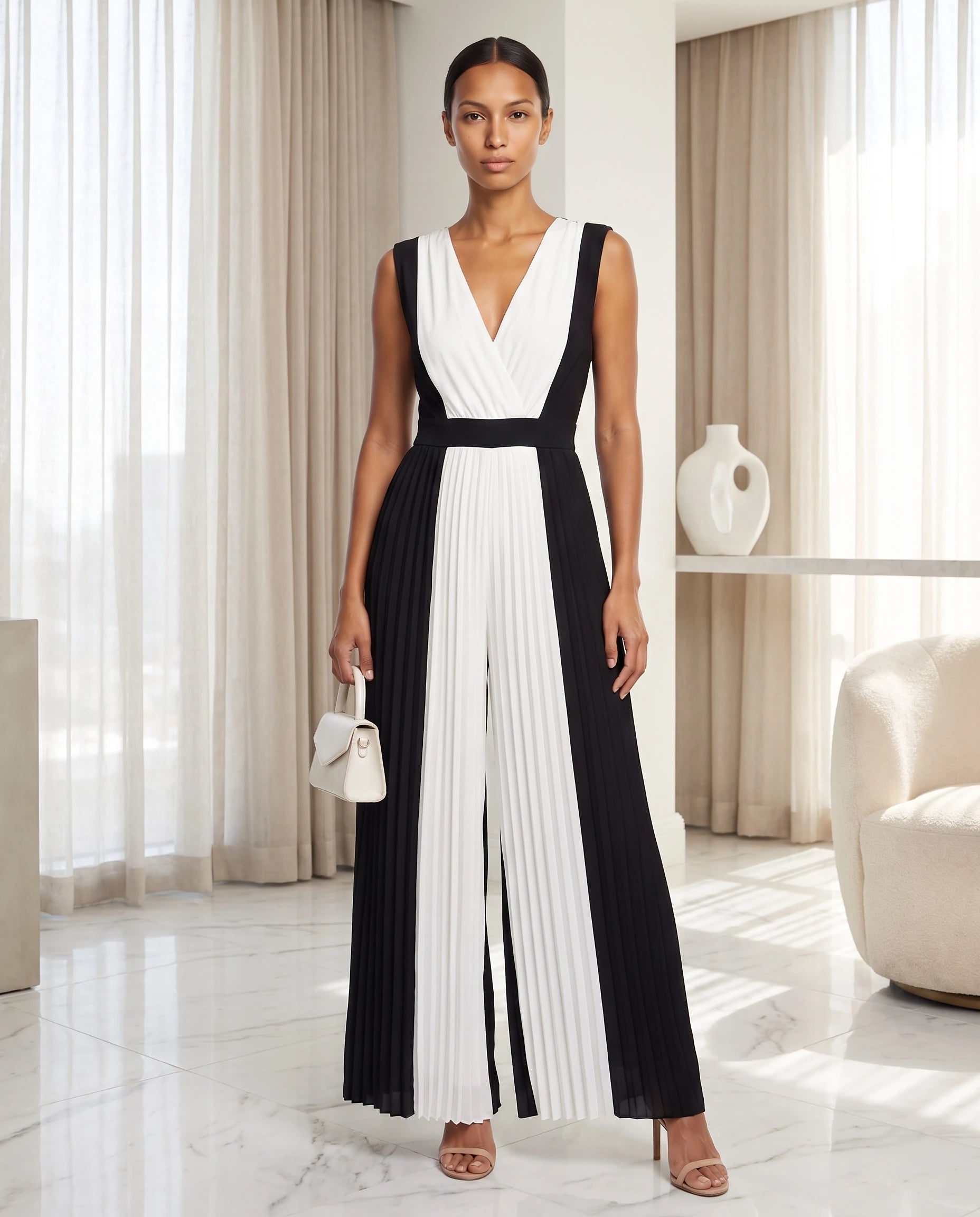 Combinaison plissee bicolore noir et blanc Cecile, portee en interieur lumineux