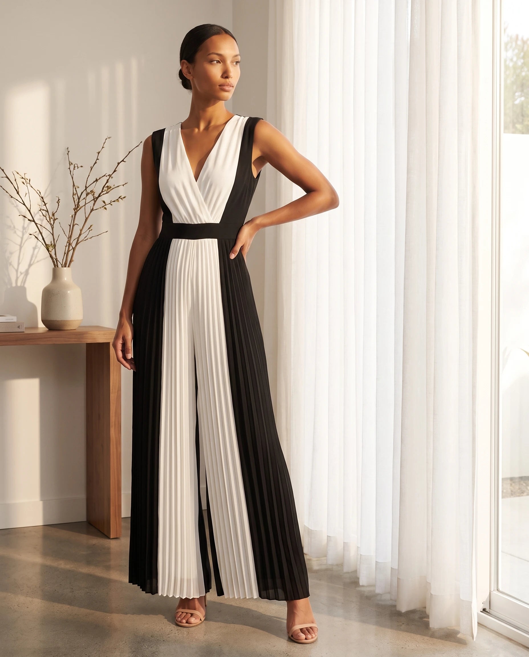 Combinaison plissee bicolore noir et blanc Cecile, portee pres dune fenetre, ambiance chic